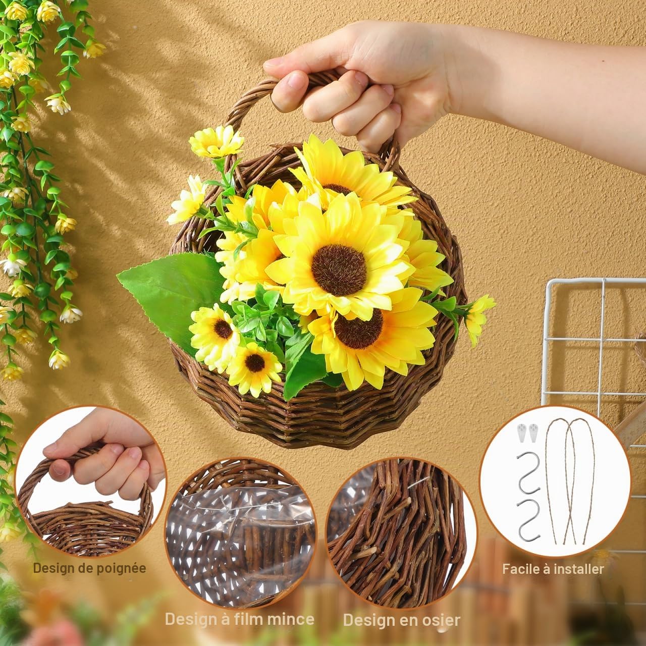 Operitacx 2pièces Panier Mural à Fleurs Rotin Tressé Lot de Paniers Suspendus pour Décoration Intérieure Élégante Et Pratique
