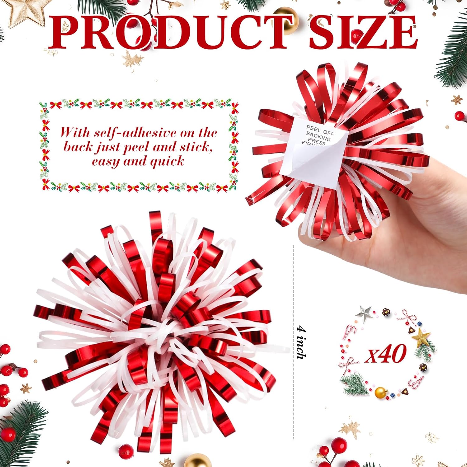 Yunlly 40 Pcs 4'' Christmas Bows Gift Wrapping Self-Adhesive Metallic Assorted Size Christmas Present Bows with Ribbon for Gift Basket, Holiday, Birthday, Anniversary(Red, White)