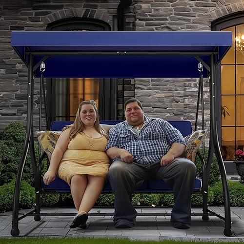Miniatura 6 de Cama columpio para porche de 3 asientos con toldo ajustable y cojines extraíbles, marco de acero resistente, columpio para patio al aire libre,
