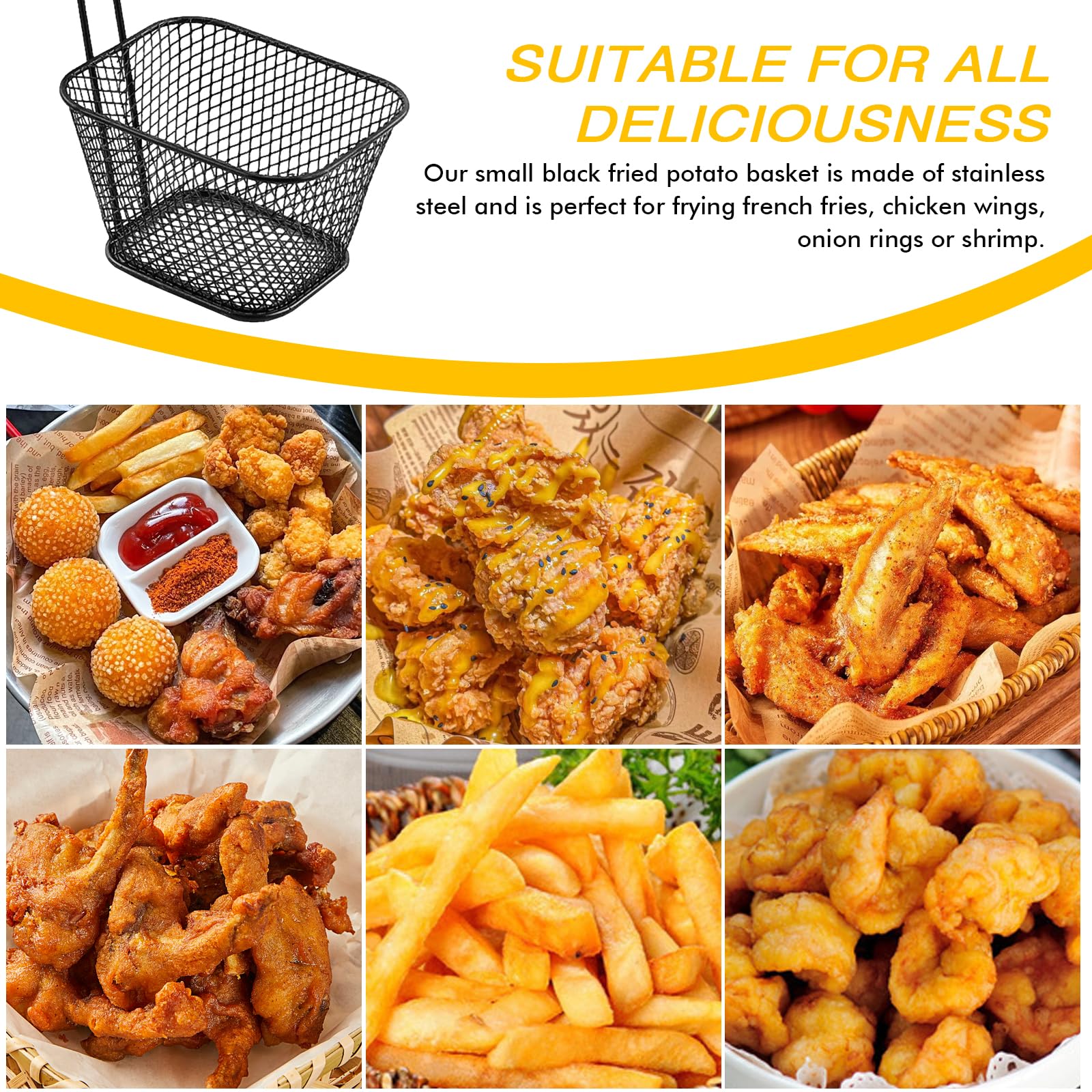 16 cestas para patatas fritas de acero inoxidable, pequeñas cestas para servir con asa, cesta para patatas fritas, cesta para patatas fritas, cesta para freír patatas fritas (negro)