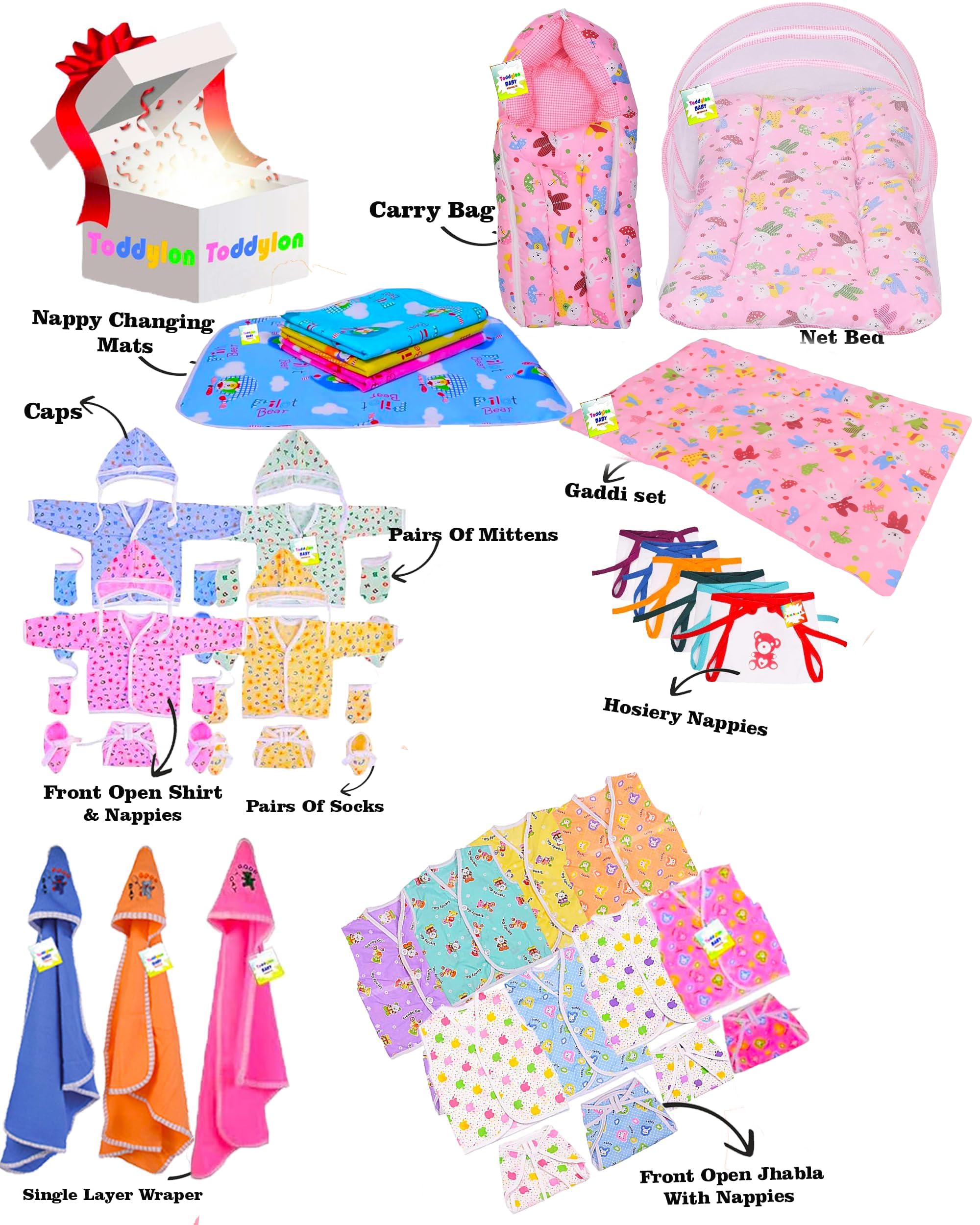 Toddylon New Born Baby Essentials Kit 56 Combo Set (0–6 Months) | Newborn Baby Hospital Bag Kit | Infant Combo Set for New Born | Newborns Baby Dress & Clothing Set | Infants Essentials Kit (Pink)