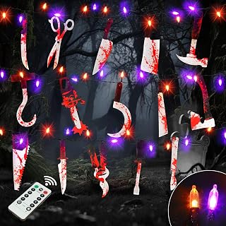 [Timer & 8 Modes] Halloween Bloody Knife Banner with Orange & Purple String Lights,14.5 FT Scary Halloween Decorations Realistic Lighted Bloody Knife Props Garland for Creepy Haunted House Home Decor