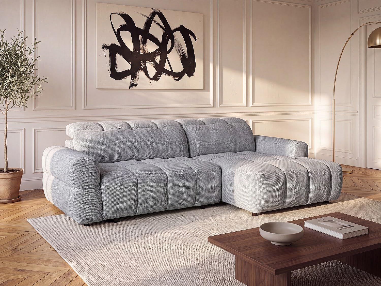 Vente-unique - Ecksofa rechts Relax mit elektrischer Schiebetür, aus grauem Stoff, Cariaala