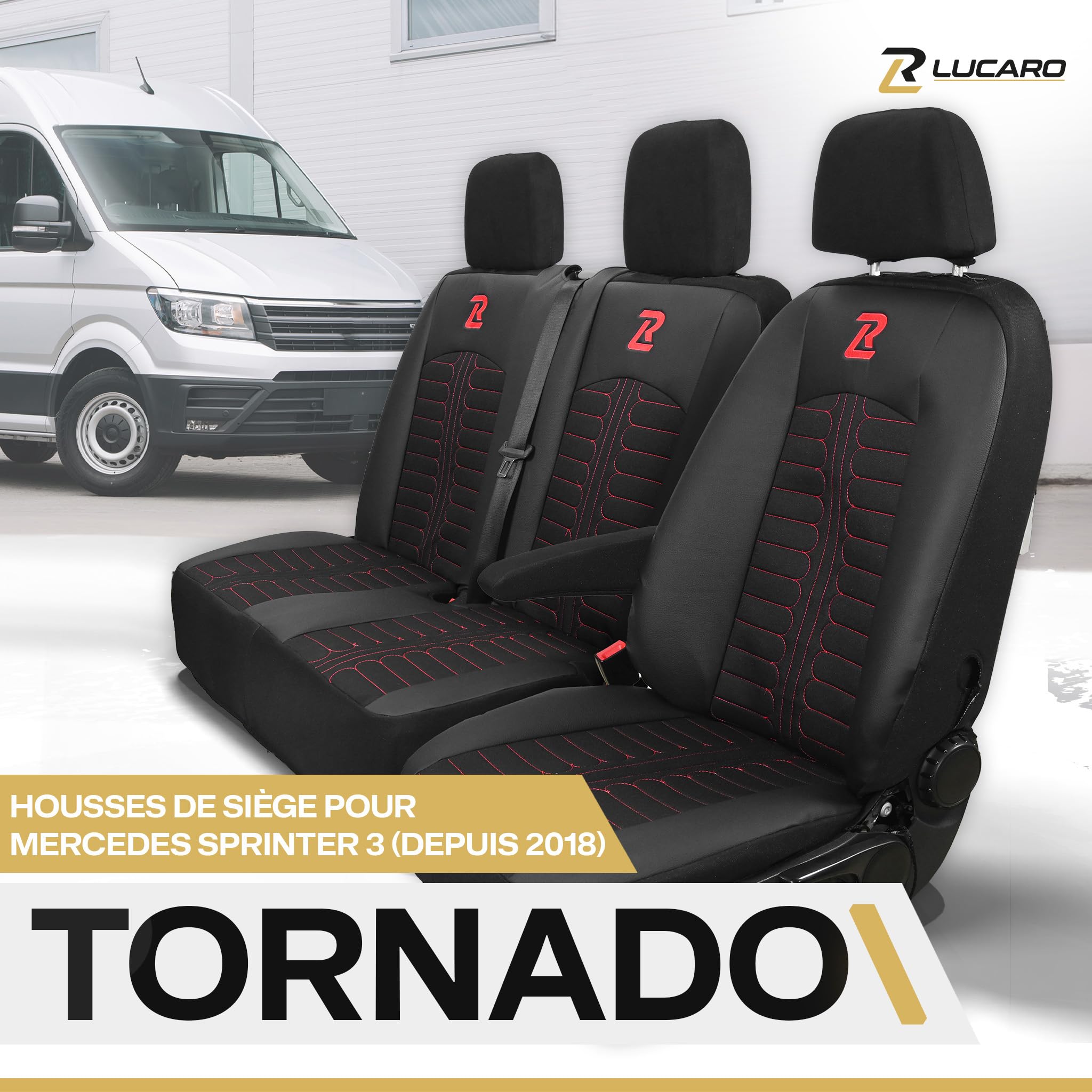 LUCARO Housse Siege Voiture Mercedes Sprinter 3 à partir de 2018 - Ensembles de Housses de Siège 2+1 - Housse de Siege Voiture Noir Rouge - Couvre Siege Auto