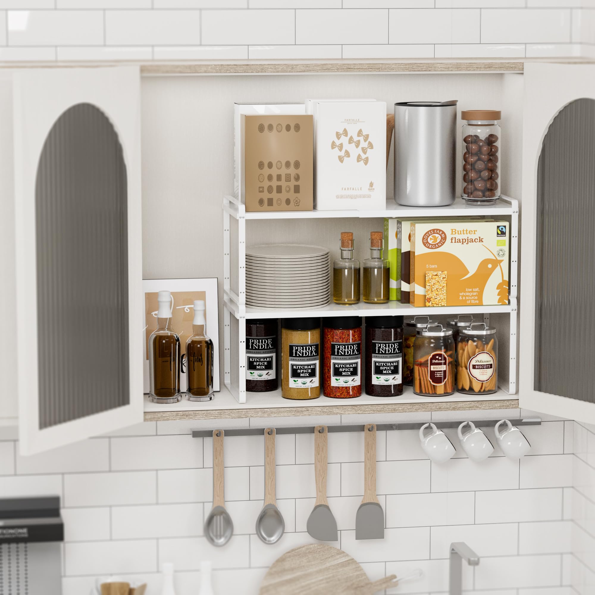 SANNO Expandable Cabinet Shelf Organizer,Spice Rack Adjust Height Large Kitchen Cupboard Organizer Stackable Counter Shelf Expandable Shelves, Counter Pantry, White,3 Pack
