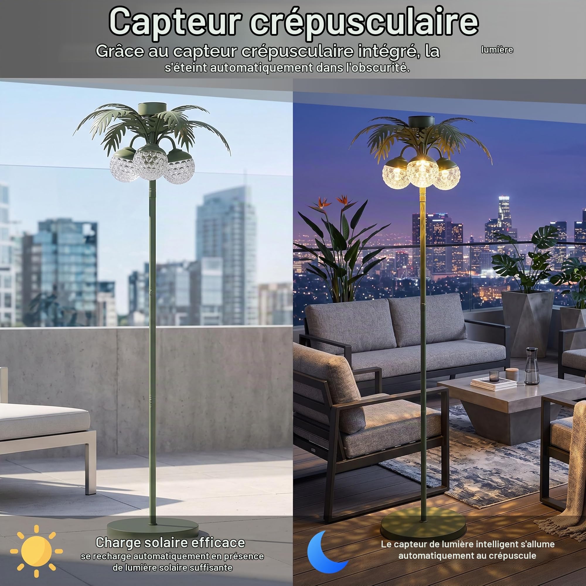 Lampe solaire LED en forme de palmier - Lampe de jardin extérieure LED avec capteur crépusculaire - Lumière blanche chaude 3000K - IP44 - Résistante aux intempéries - Pour balcon, terrasse