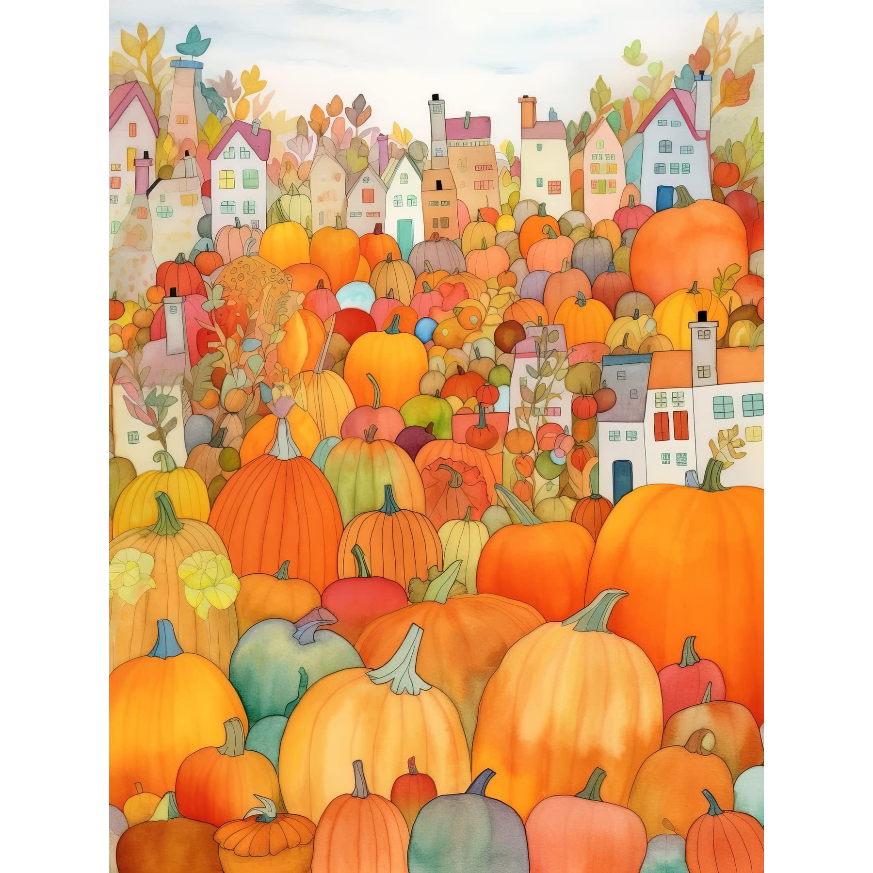 Artery8 Halloween Pumpkin Festival Autumn Harvest Modern Folk Art Watercolour Painting Extra Large XL Wall Art Poster Print