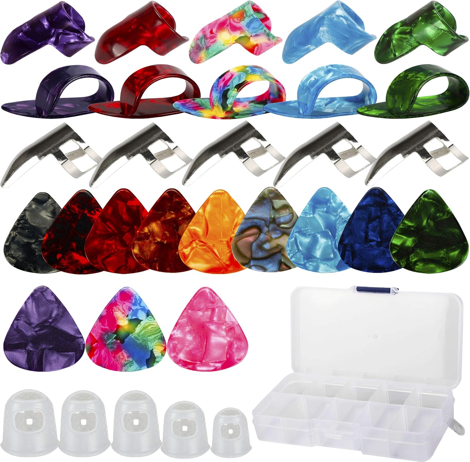 56 pcs Guitar Accessories Kit Including 35 pcs Guitar Picks(0.46/0.6/0.71/0.81/0.96/1.2/1.5mm) 10pcs Plastic Thumb Finger Picks 5pcs Metal Finger Picks 5 pcs Finger Protectors with Grid Case Storage