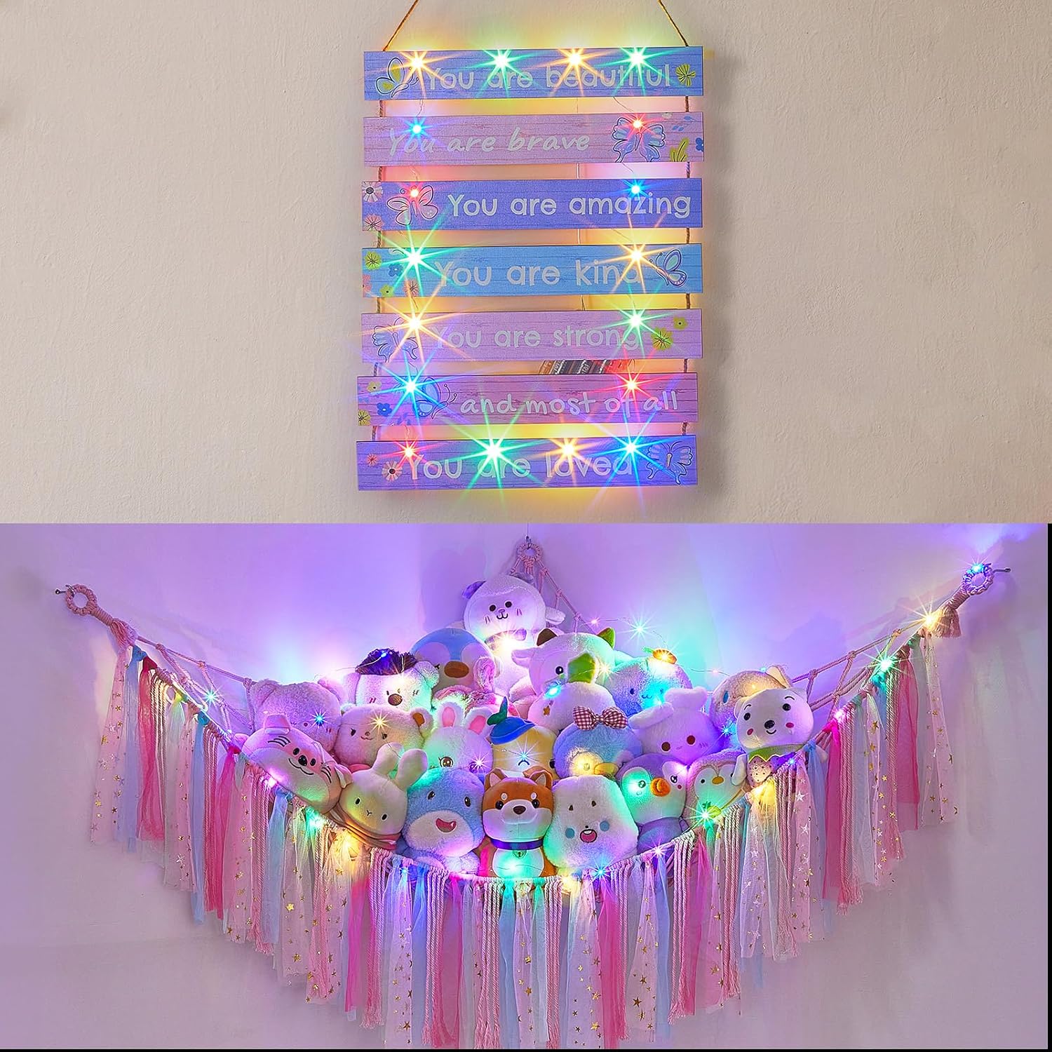 FIOBEE Girls Room Décor for Teen Girls Boys with LED Light Nursery Wall Decor & Stuffed Animals Net or Hammock with LED Light Toy Hammock