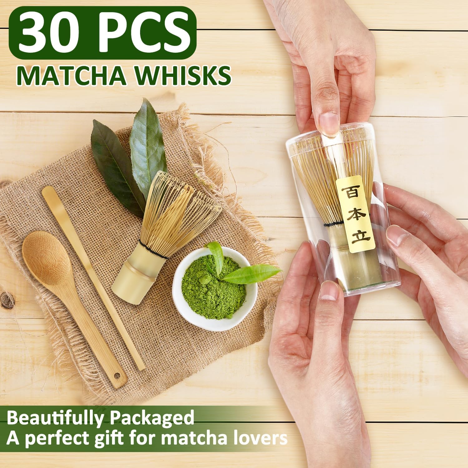 LemonRoad 10 Set Matcha Whisk Bulk (Chasen) with Traditional Scoop (Chashaku) and Tea Spoon, 100 Prong Bamboo Whisk for Matcha Powder Handcrafted Stirrer Mixer Brush Gift