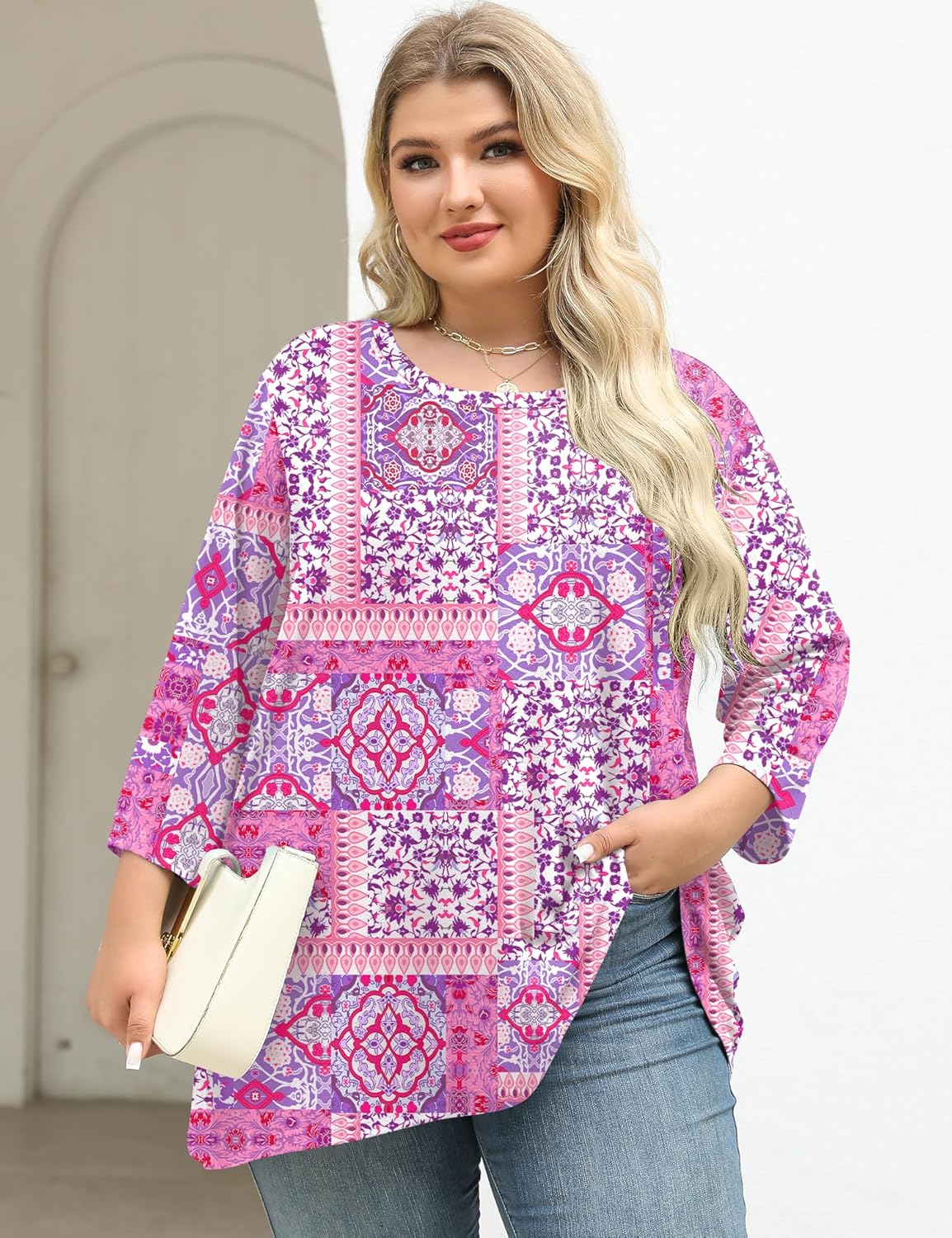 LOMON Womens Plus Size Tops 3/4 Length Sleeve Blouses Crew Neck Business Casual Tunic Tops with Asymmetrical Hem 1X-5X - Image 3