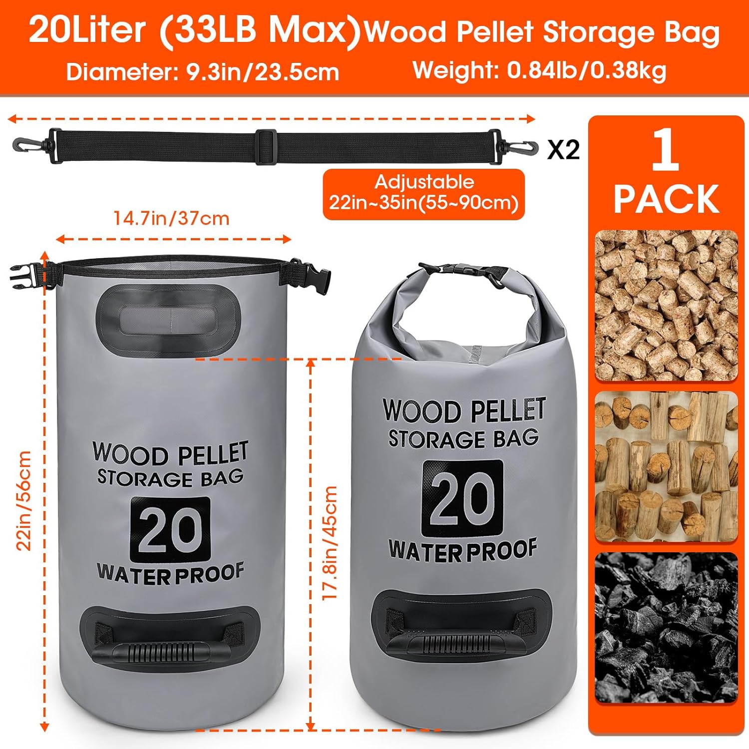33LB/20L Waterproof Wood Pellet Storage Bag, 500D PVC Portable Charcoal Storage Container,Dual Handles & Backpack, Buckle Seal Heavy Duty Wood Chips Pocket for BBQ Grill Smoker Accessories(Grey, 1PCS)
