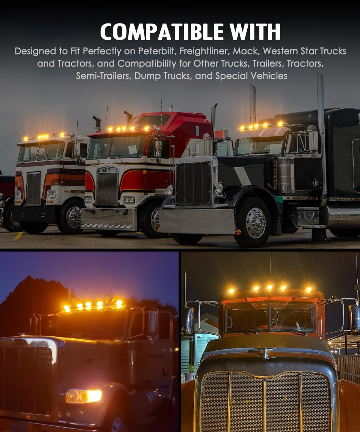 Partsam 5Pcs Amber Torpedo Cab Marker, LED High/Low Brightness Chrome Roof Running Lights Assembly Clearance Lights Compatible with International/Peterbilt/Freightliner/Mack, DOT Compliant