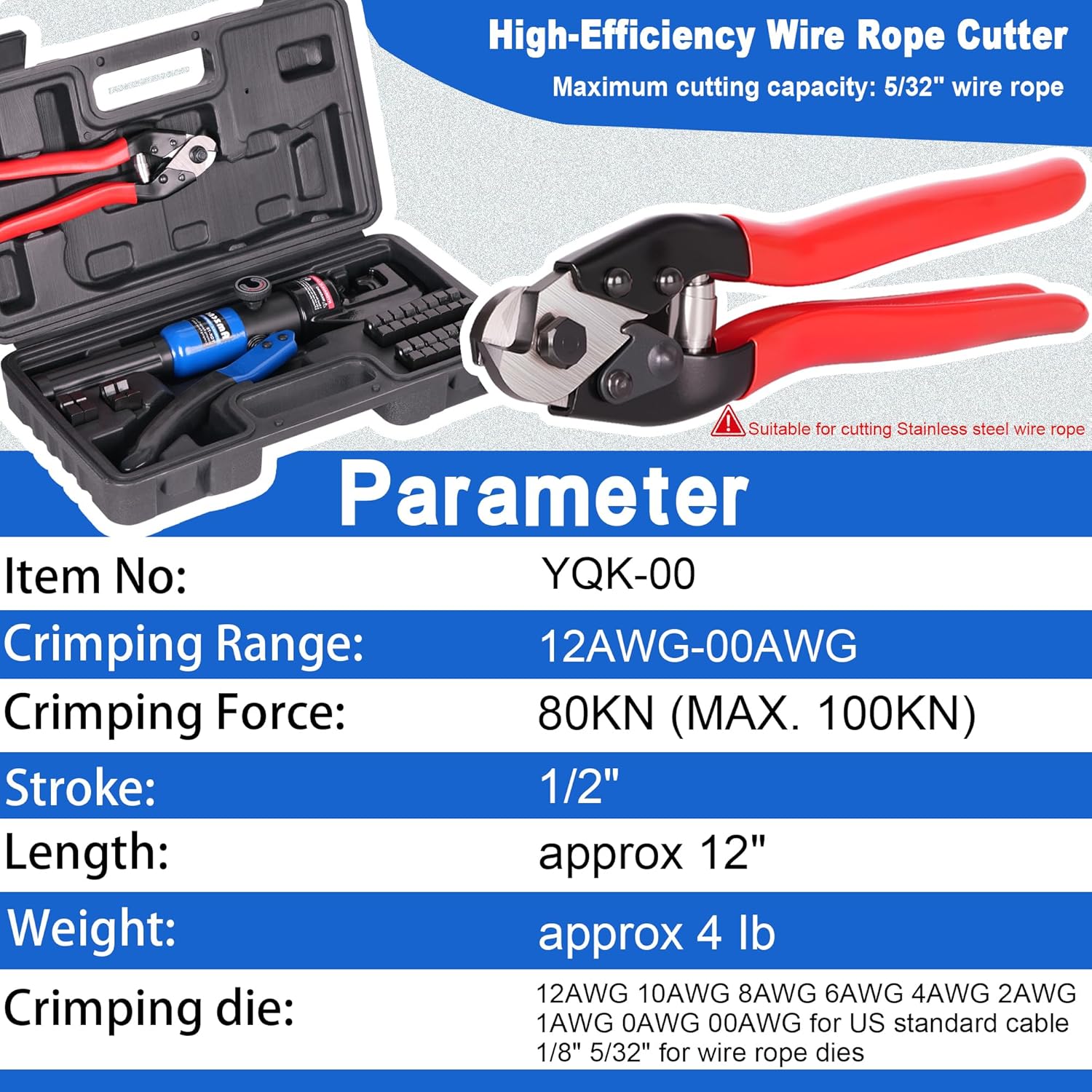 AMZCNC Hydraulic Crimping Tool with 9 American standard cable crimping dies for 12 AWG to 2/0 AWG and 2 Stainless Steel Wire Rope Dies for 1/8" and 5/32", Hydraulic Hand Crimper Tool