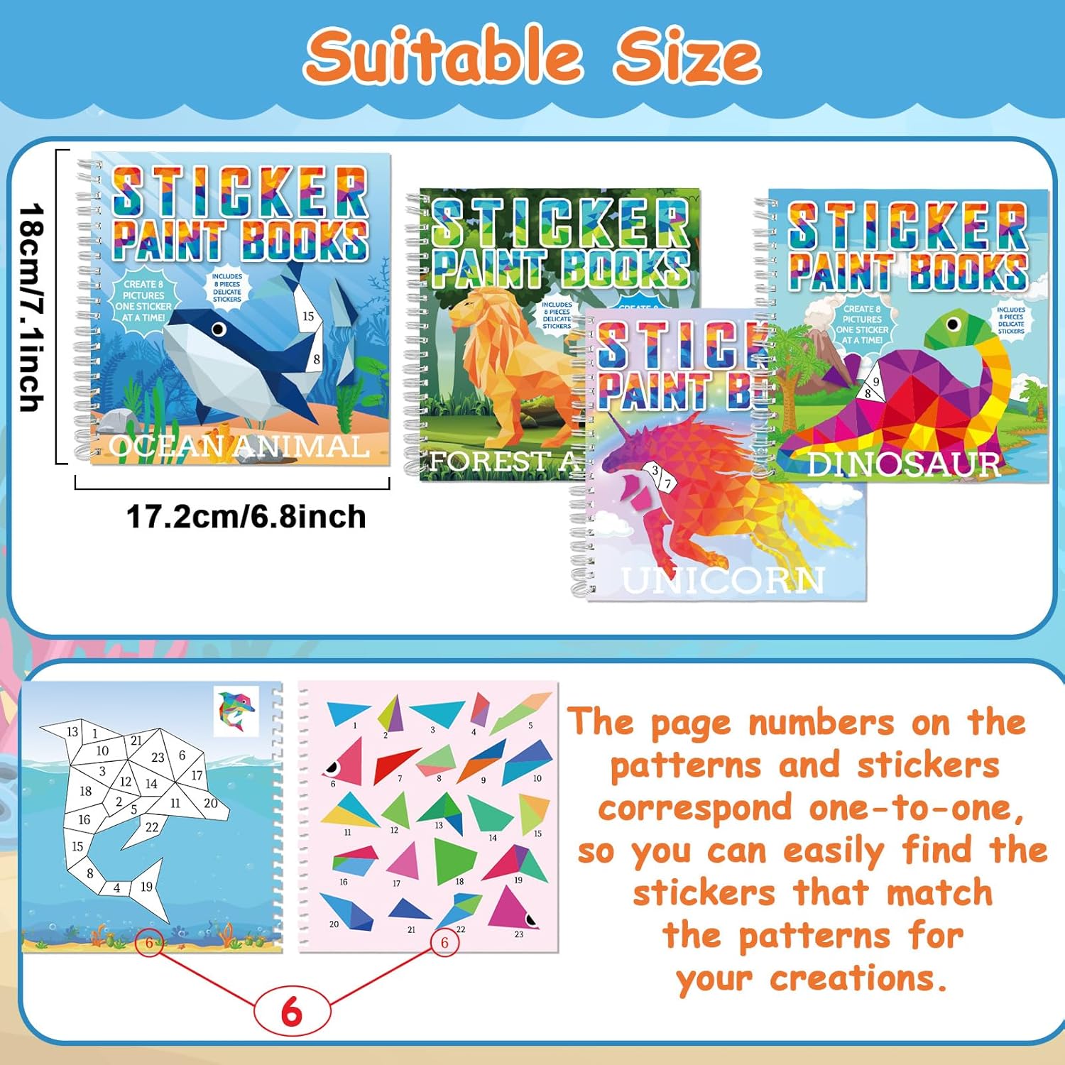4 Pcs Paint by Sticker Books Sticker by Number Books Activity Book Puzzle Book Craft Art Gift with Dinosaur Unicorn Ocean Animal 32 Pictures - Image 3