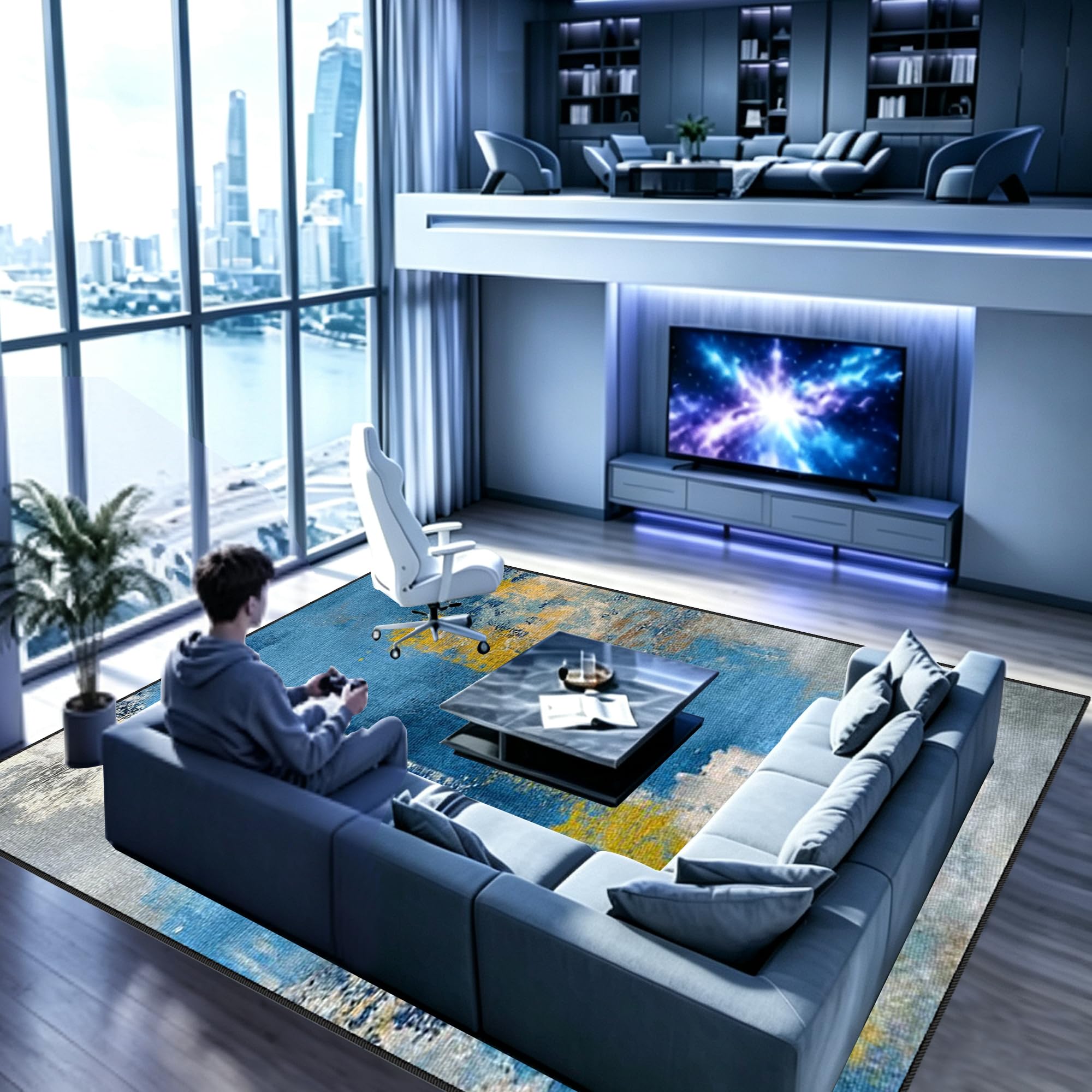 Alfombra de Salón Antideslizante Lavable Tapete Pelo Corto 150 x 190 cm | Grande Gaming Alfombra Habitacion Moderna Suave, para Sala de Estar, Dormitorio, Comedor y Pasillo