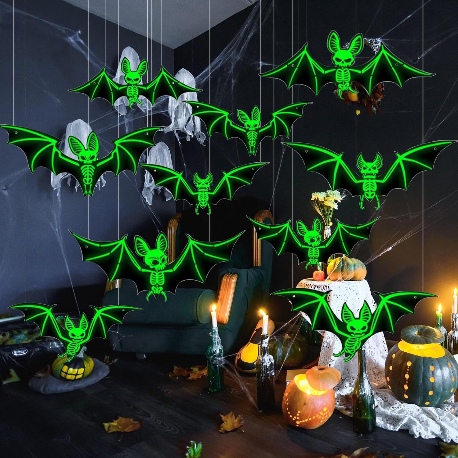 10 Chauves-Souris Lumineuses Halloween - PVC Fluorescent - À Suspendre Intérieur/Extérieur - Décor Effrayant Brillant Dans Le Noir - 2