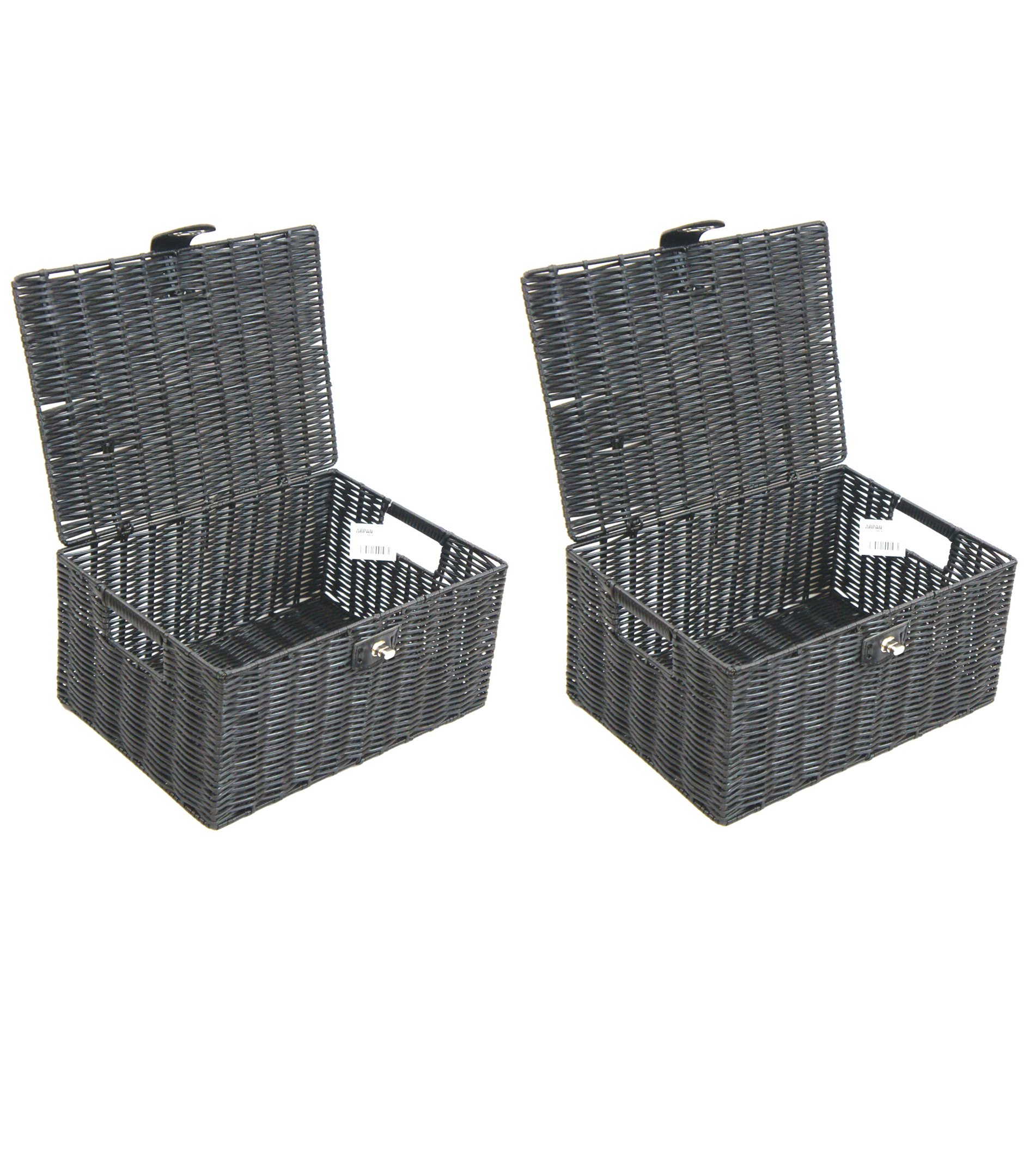 Arpan Black - 2 X Resin Woven Storage Hamper Basket Box With Lid & Lock (Black - Medium