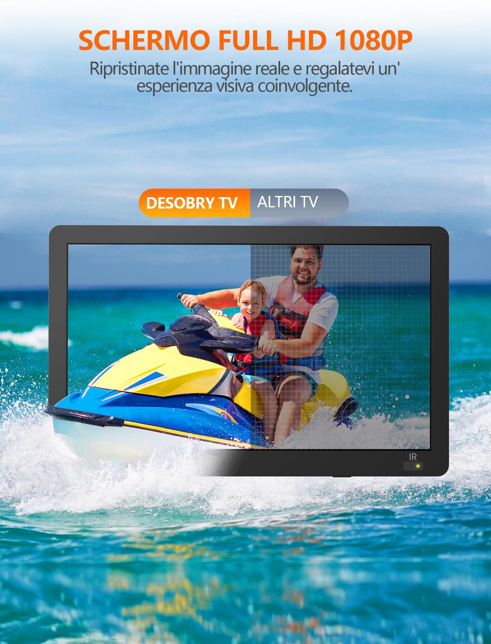 Desobry TV portatile da 14.2 pollici, piccola TV ricaricabile 1080P con antenna e sintonizzatore DVB-T2, TV all'aperto Supporto ingressi HDMI/USB/AV, tv 12 volt per camper