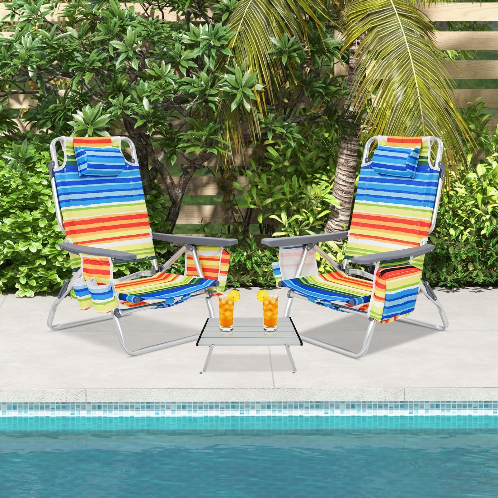 KOMFOTTEU Chaises de Plage Pliables avec Table Basse, Fauteil de Plage avec Appui-tête et Dossier réglable, Chaise de Camping, avec Sac de Glace, Sac de Rangement, Porte-gobelet (Jaune)