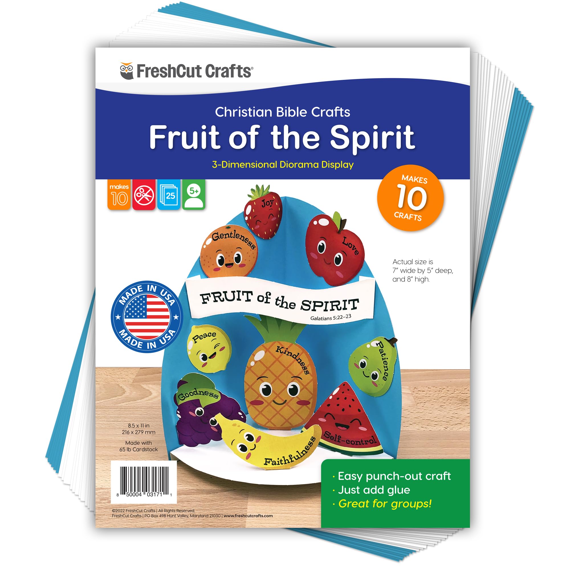 Fruit of The Spirit Bible Craft Kit -10-Pack Easy 3-D Punch-Out Religious Crafts for Kids 5 & Up, Sunday School, Homeschool, Classroom Inspirational Art, US-Made Card Stock, NOT Foam