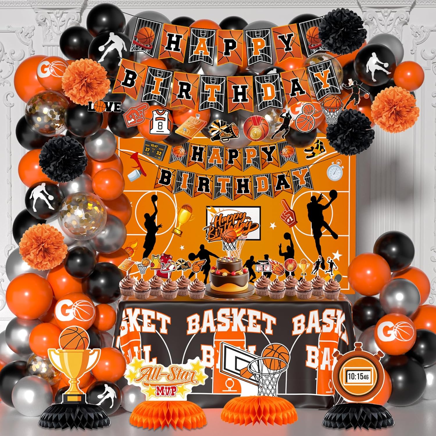 Basketball Birthday Party Decoration, Basketball Party Decorations, 120Pcs Basketball Themed Party Decorations Includes Tablecloth Banner Honeycomb Balloons Cake Topper for Boys Sports Birthday Decor