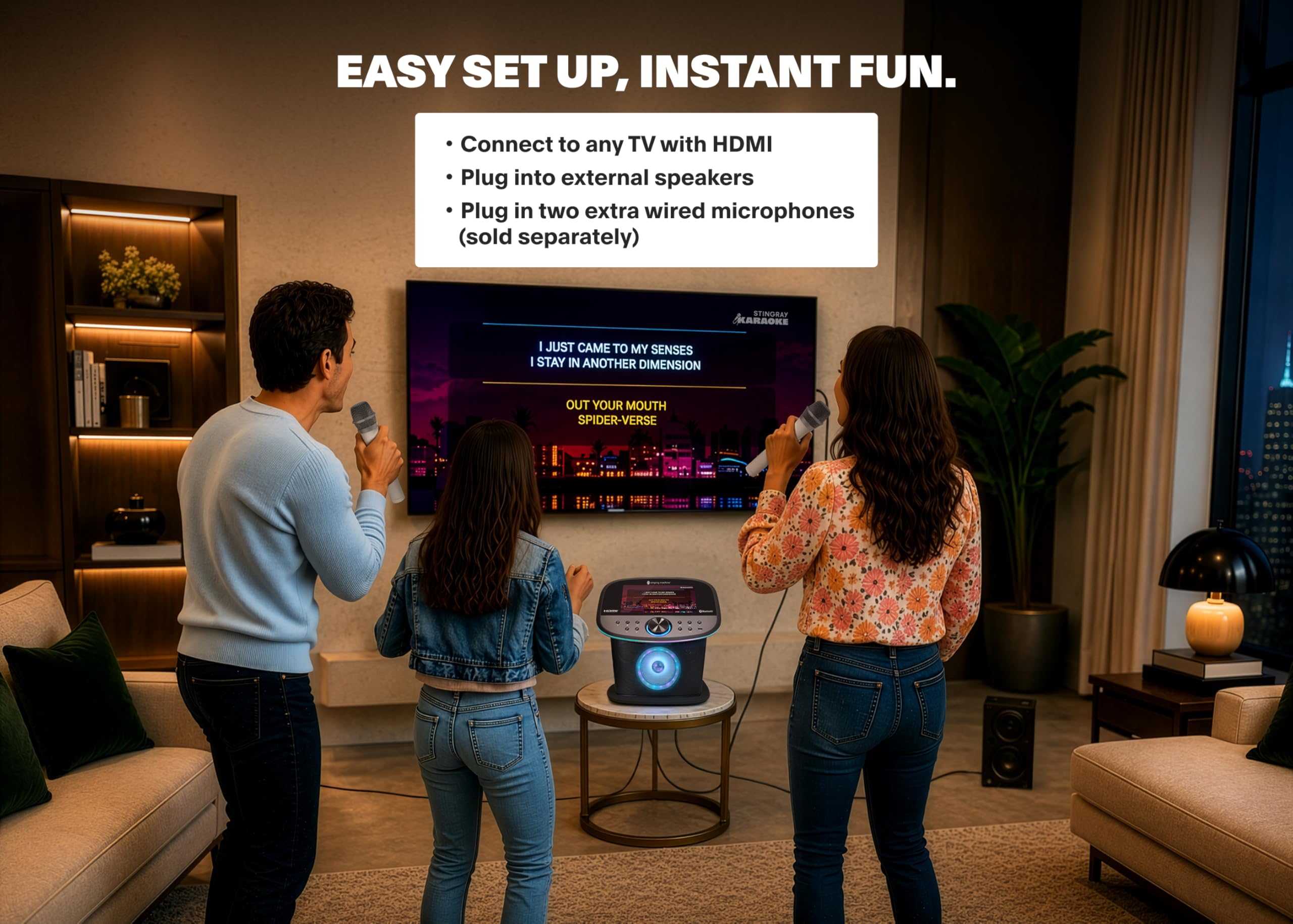 Singing Machine Platinum Plus Karaoke Premium con Pantalla – Sistema Todo en Uno – 2 micrófonos inalámbricos – Altavoz Bluetooth Wi-FI – Compatible con Youtube & Spotify – Aplicaciones integradas