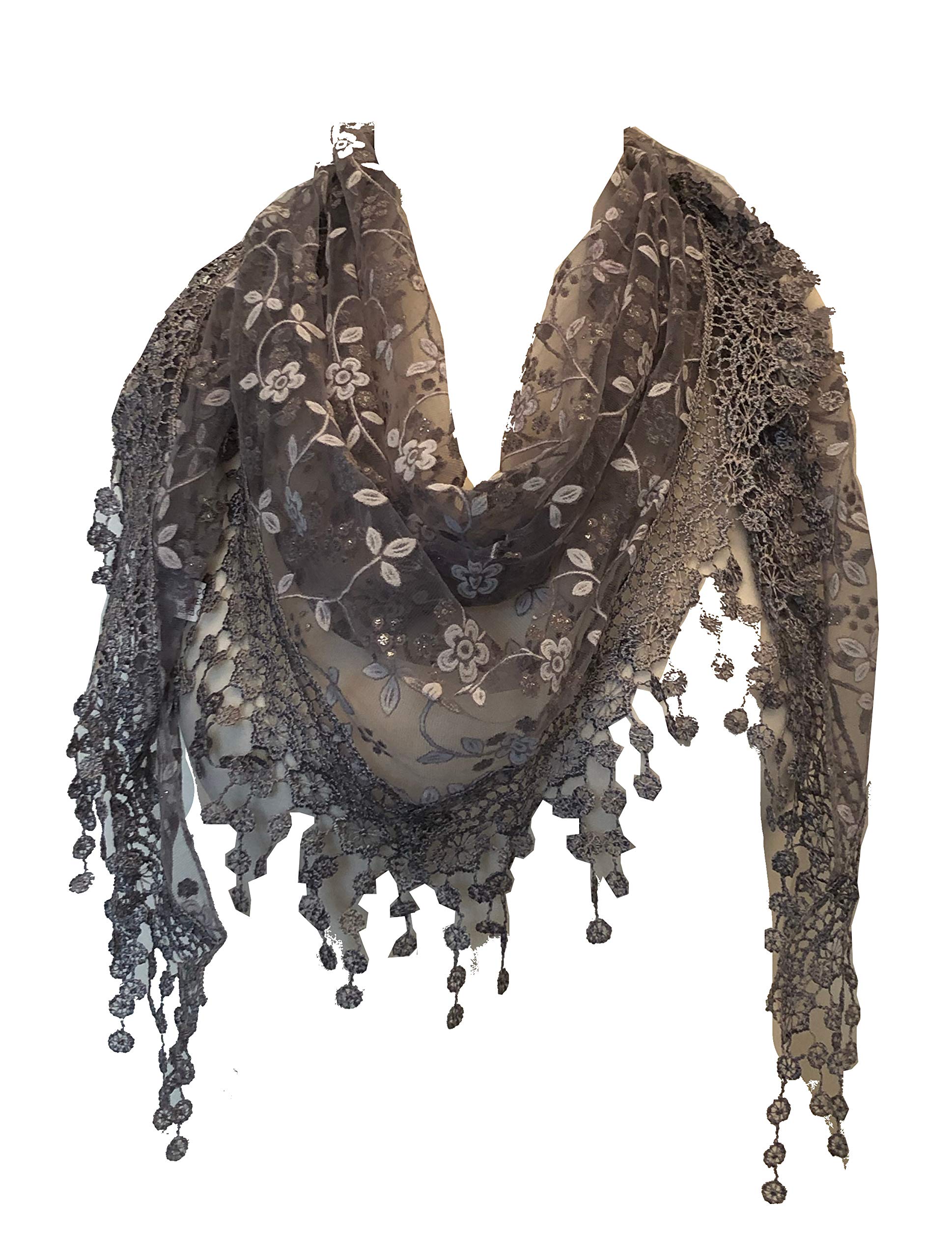 Pamper Yourself Now Women's Grey With White Glittery Flower Lace Triangle Scarf With Lace Trim