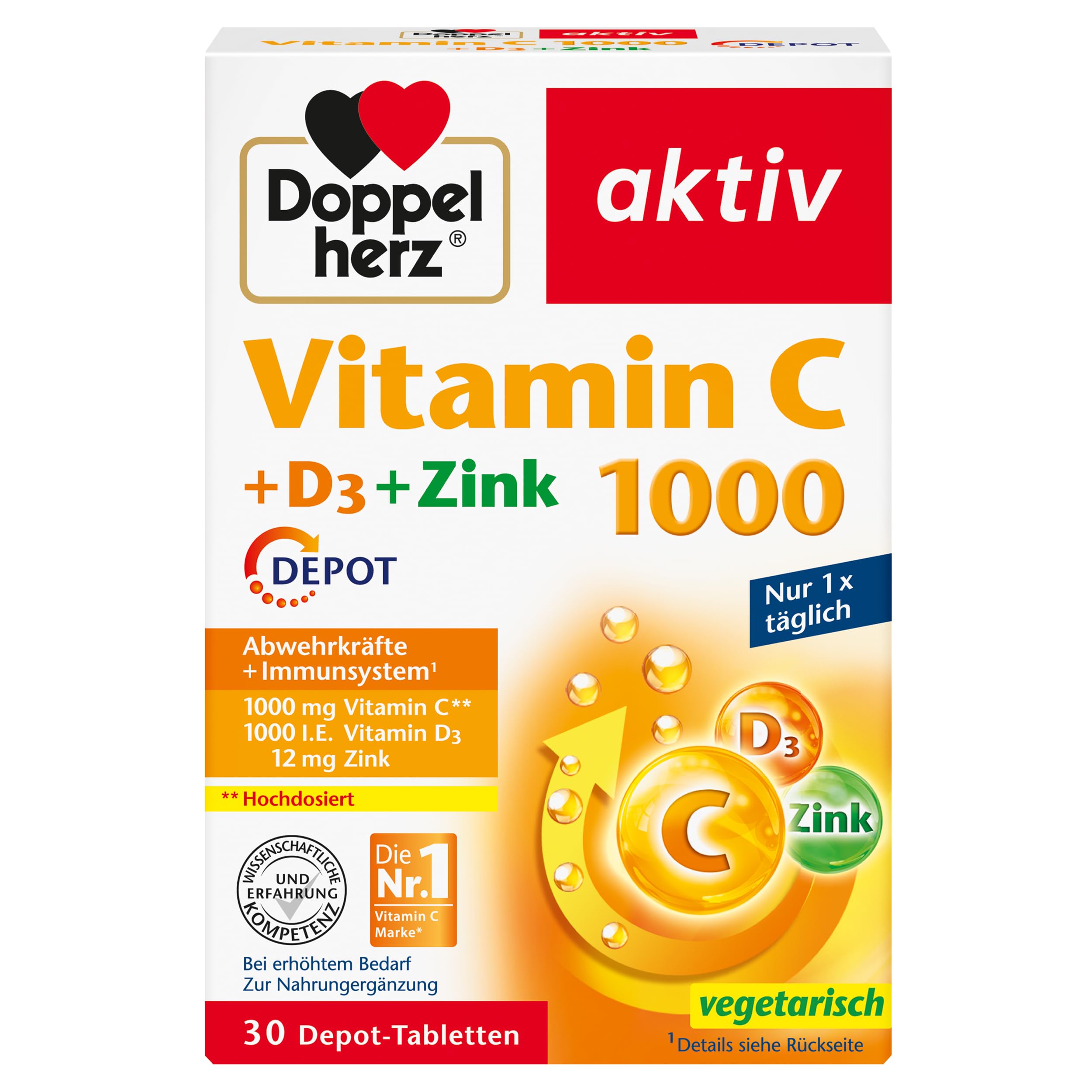 Doppelherz Vitamin C 1000 + D3 + Zink – Hochdosierte DEPOT-Tabletten