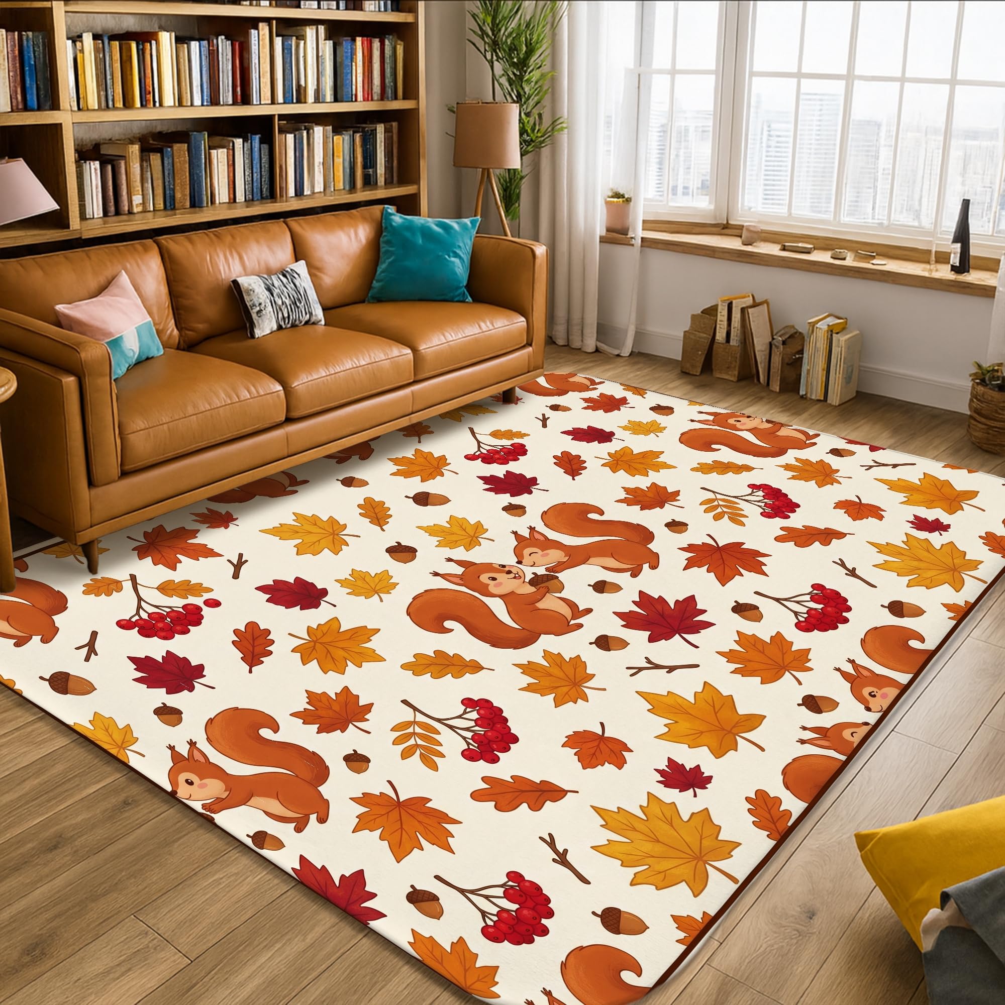Alfombra de área de ardilla, inspirada en la naturaleza, hojas de arce, bellota, otoño, marrón, de pelo bajo, estética, rectangular, alfombra para el hogar, sala de estar, dormitorio, debajo de la