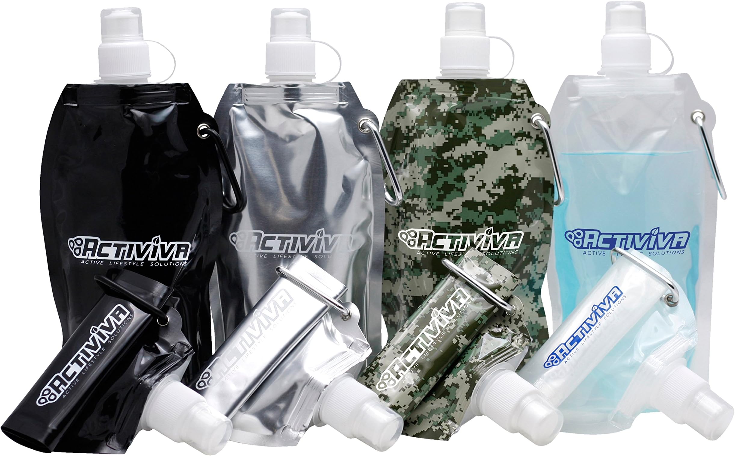 Collapsible Reusable Water Bottle with Carabiner Clip Light Weight Leak Proof Foldable Drinking Water Bottle - Non-Toxic BPA Free - 16.9 oz - 4 Pack
