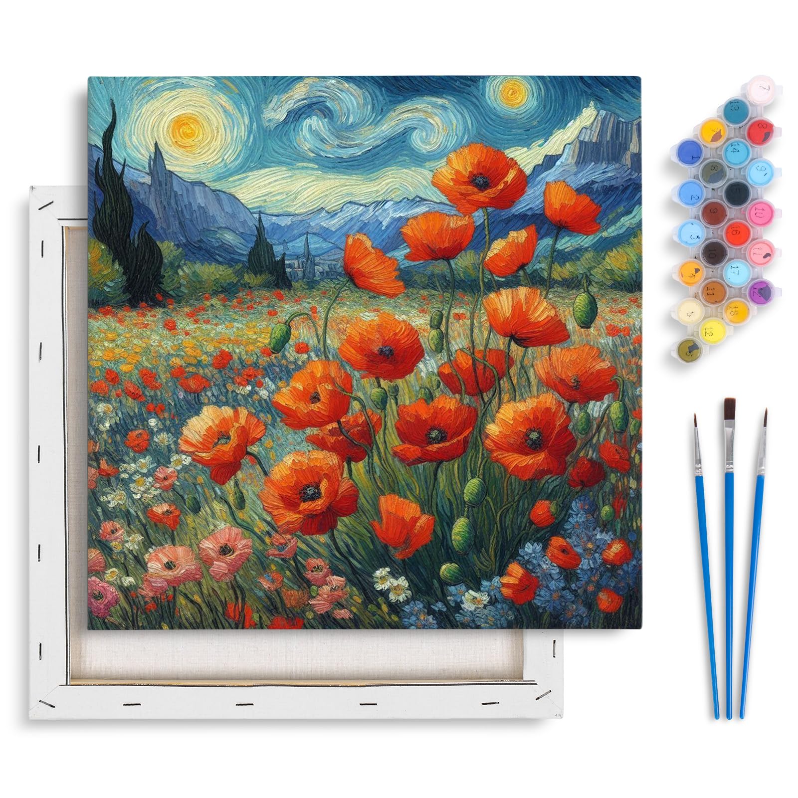 Fountor Flowers Paint by Numbers for Adults with Frame, Starry Sky Adult Paint by Numbers Canvas Kits Without Easel, DIY Acrylic Painting by Number for Home Wall Decor Gift 10x10in/25x25cm