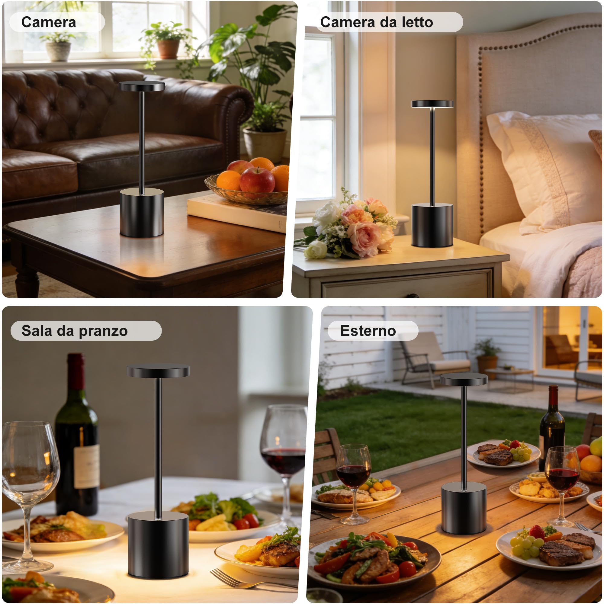 Lampada da tavolo senza fili LED Ricaricabile Dimmerabile 5000mAh 3 Modalità di Luce USB-C Lampada da tavolo Uso Interno/Esterno (Nero)