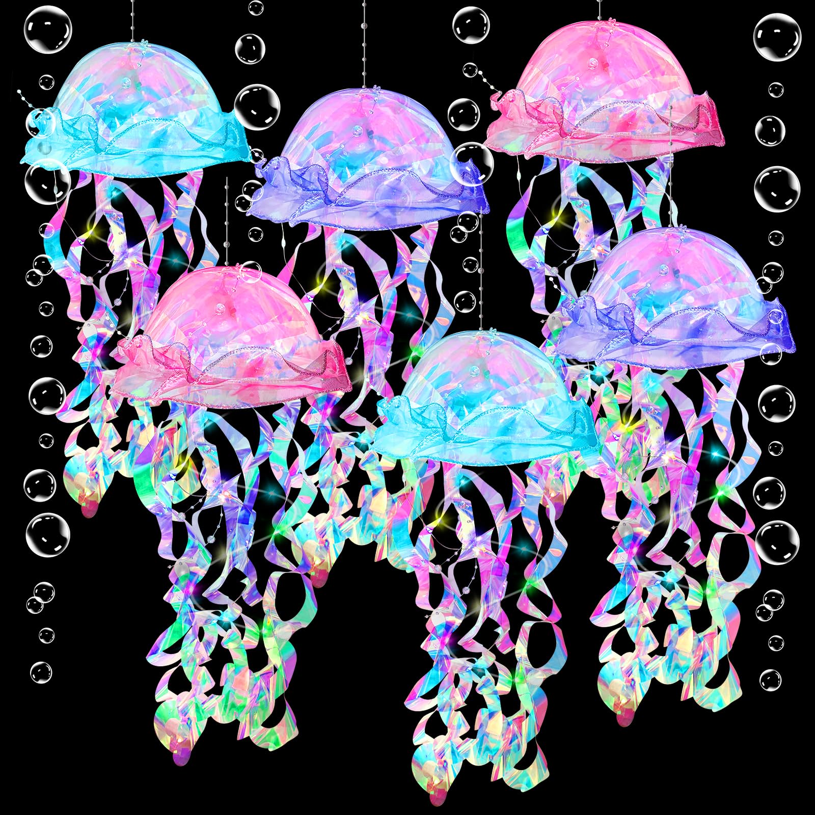 Hanging Jellyfish Decor, 6pcs Jellyfish Lanterns & 3 White Bubble Garlands for Mermaid Ocean Theme Party Decorations