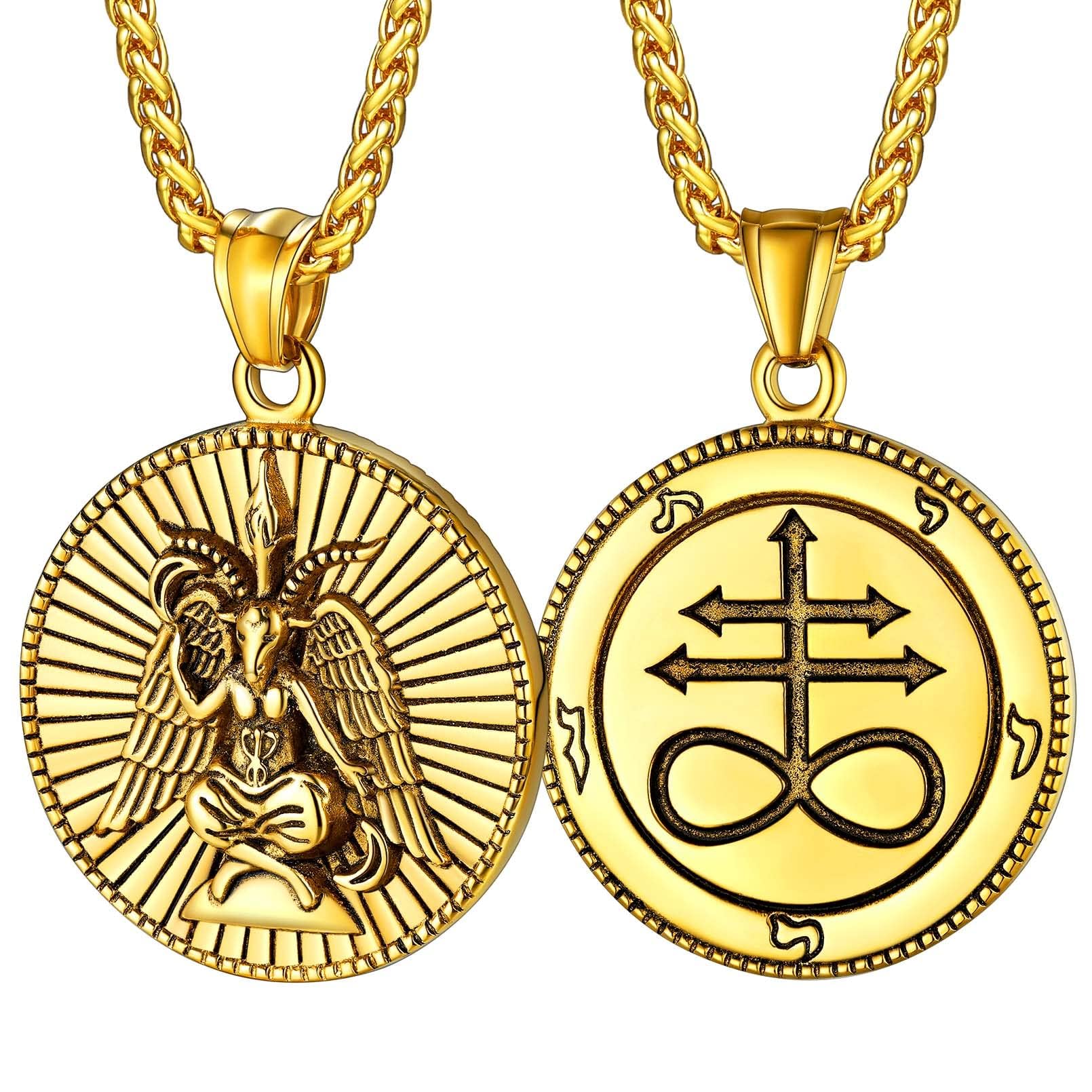 Leviathan Satanic Brimstone Cross Necklace, Gold Plated Stainless Steel Satan Church Jewelry, Alchemical Symbol for Brimstone Pendant Satan Goat Necklaces for Men with Gift Box