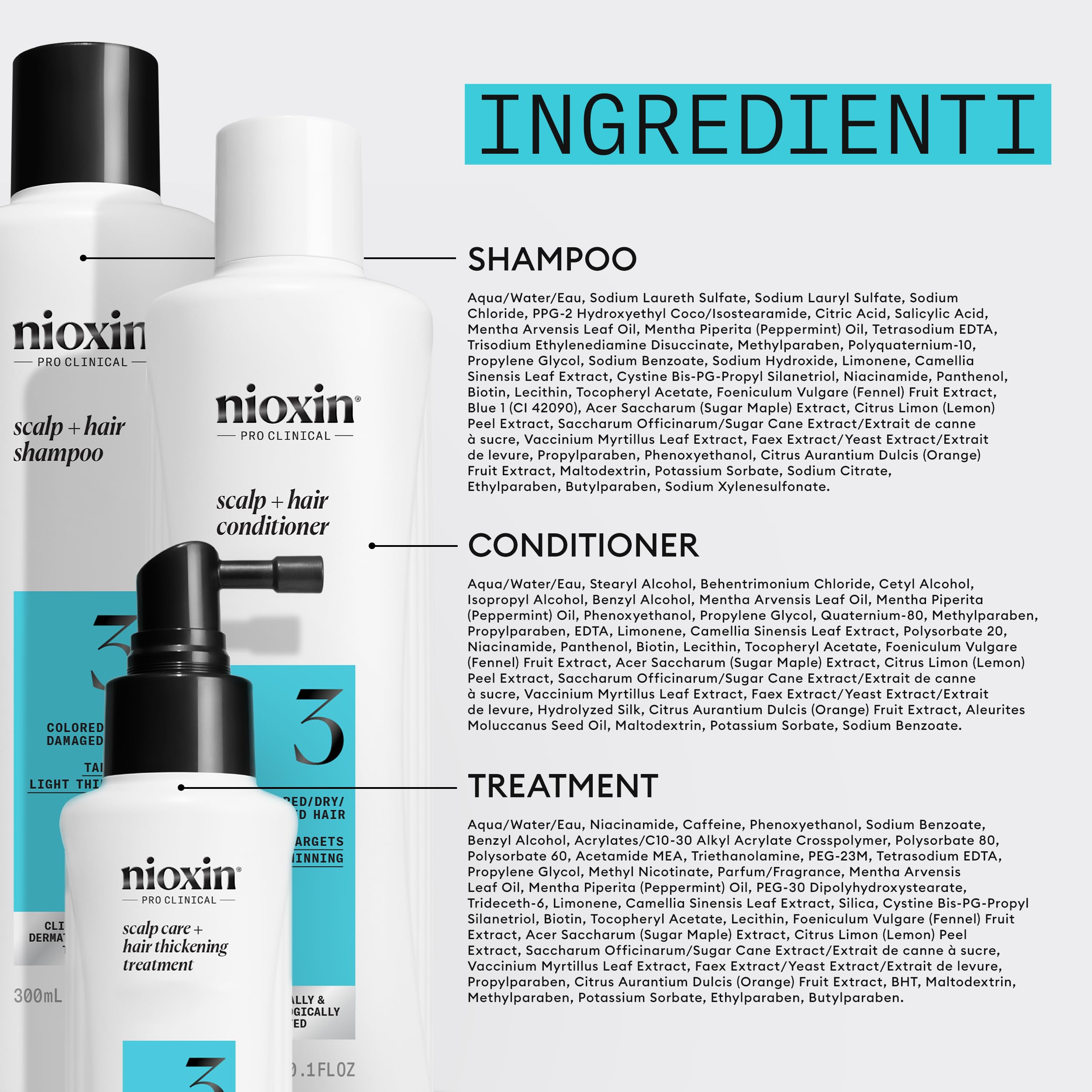 Nioxin Scalp + system zagęszczania włosów 3 zestawy do trifazy - kolorowe lub suche włosy z łagodnym przerzedzeniem - szampon, odżywka i pielęgnacja skóry (300 + 300 + 100 ml)