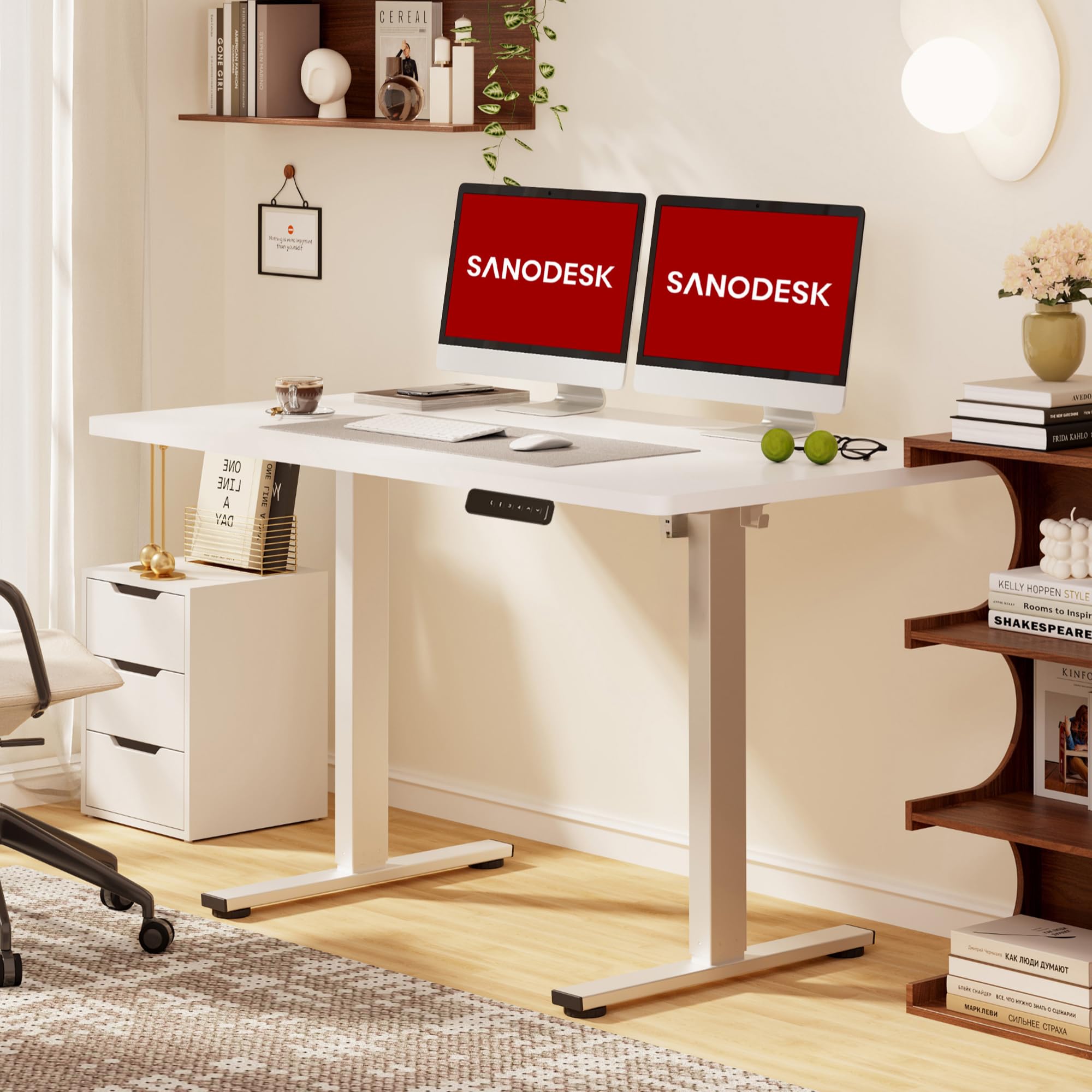 SANODESK Elektrischer, höhenverstellbarer Schreibtisch, 120 x 60 cm, höhenverstellbare Tischplatte, 4 Voreinstellungen, intelligentes Panel, Weiß