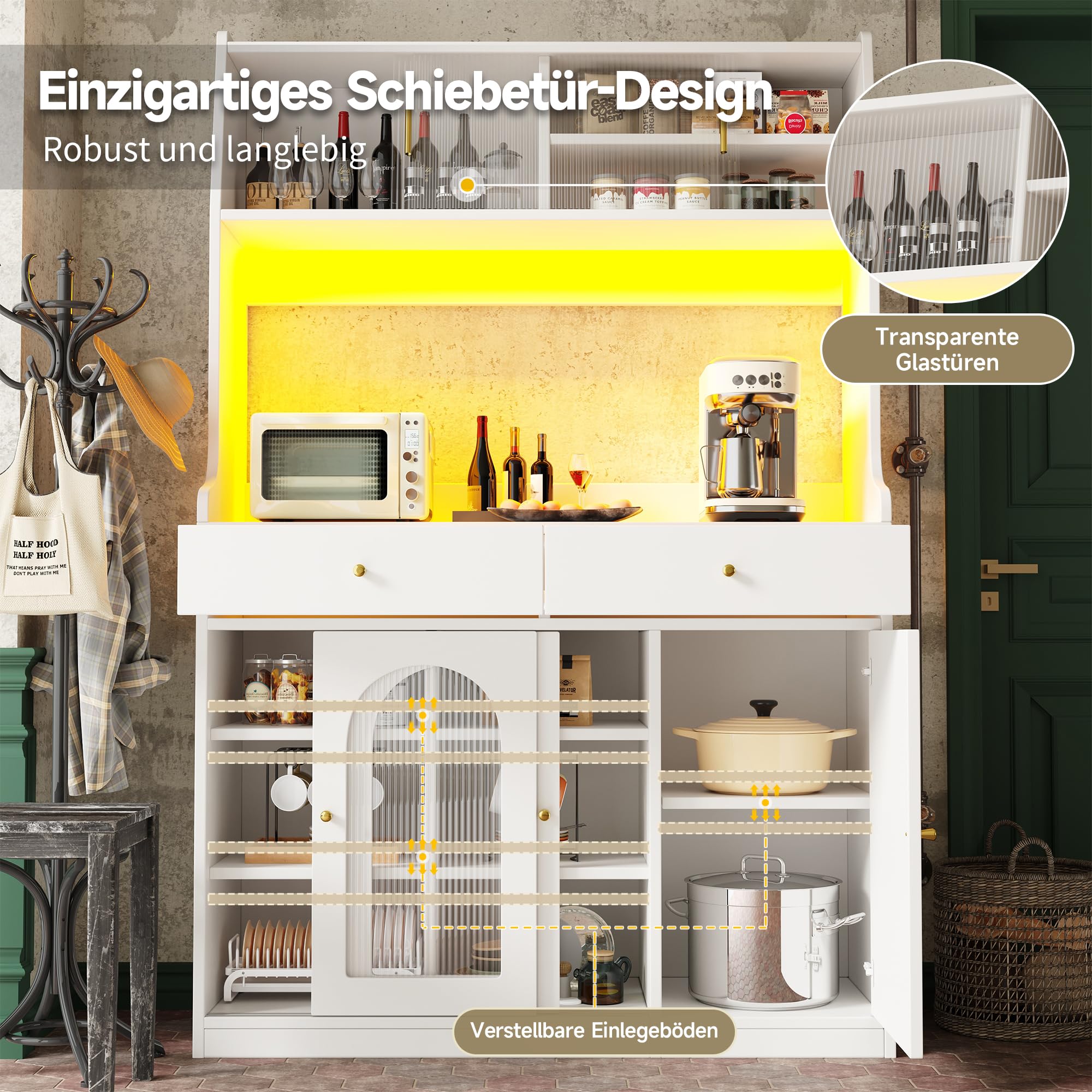 Armario de cocina alto con cajones y puertas correderas de cristal, 120 x 40 x 180 cm, armario alto con estantes ajustables, encimera ancha, armario multiusos (blanco)