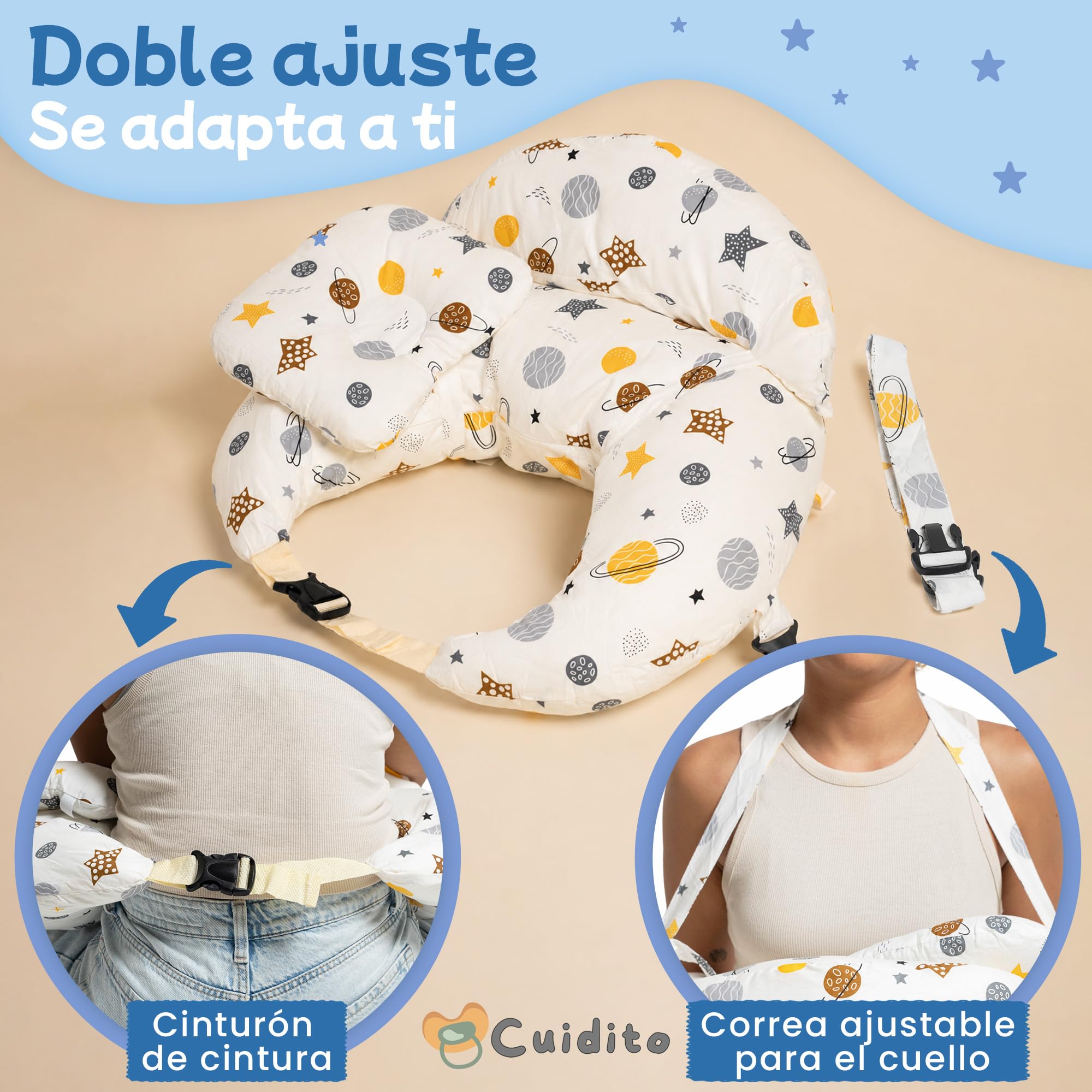 Cojín de Lactancia Ergonómico con Cinturón Ajustable para Cintura y Cuello | Soporte Anticaída para Bebé | Funda Desenfundable y Lavable | Almohada de Lactancia para Dar el Pecho y Biberón
