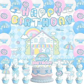 42pcs Cinna-morolls Birthday Party Decorations Set Include Balloons,Banner,Cake Topper,Backdrop for Cinna-morolls Anime Birthday Party Supplies