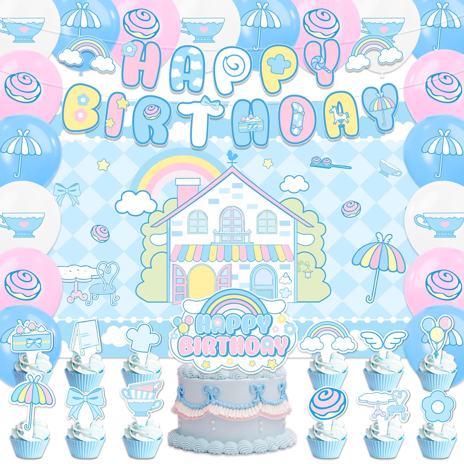 42pcs Cinna-morolls Birthday Party Decorations Set Include Balloons,Banner,Cake Topper,Backdrop for Cinna-morolls Anime Birthday Party Supplies