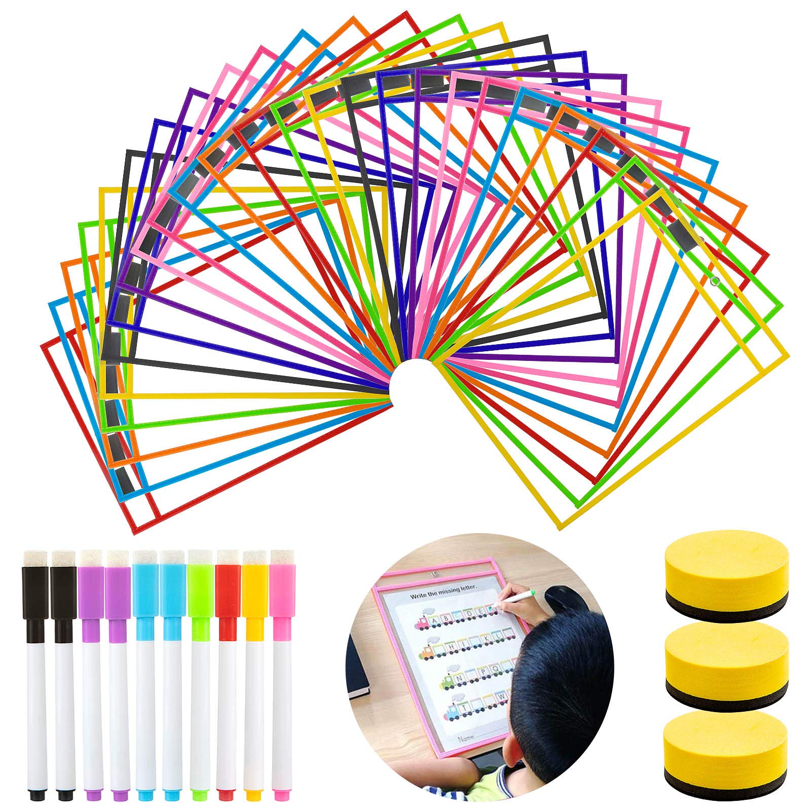 10 Poches Effaçables Réutilisables - 35.5x25.5cm - Pour Bureau Ou Salle De Classe - Multi-couleurs