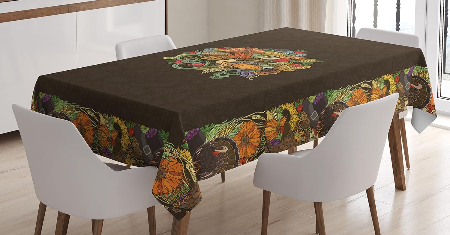 Ambesonne Thanksgiving Tablecloth, Wreath Turkey Pumpkin Fall Tradition Harvest Sunflower Grape Colorful, Rectangular Table Cover for Dining Room Kitchen Decor, 60" X 84", Brown Orange 60" X 84" Brown Orange