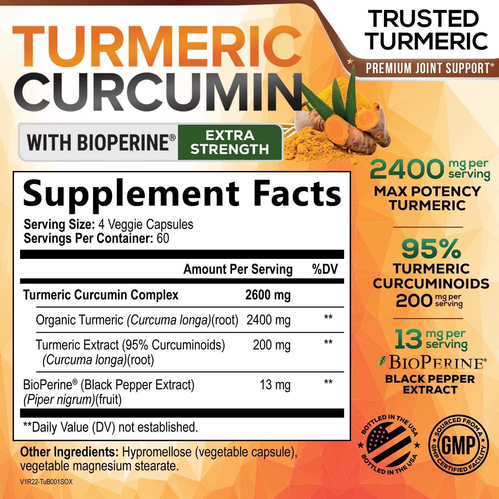 Turmeric Curcumin Supplement - 2400mg Organic Turmeric - 95% Curcuminoids & BioPerine Black Pepper Extract for Best Absorption - Natural Vegan Joint & Immune Support, Bottled in USA - 240 Capsules — Amazon image 2