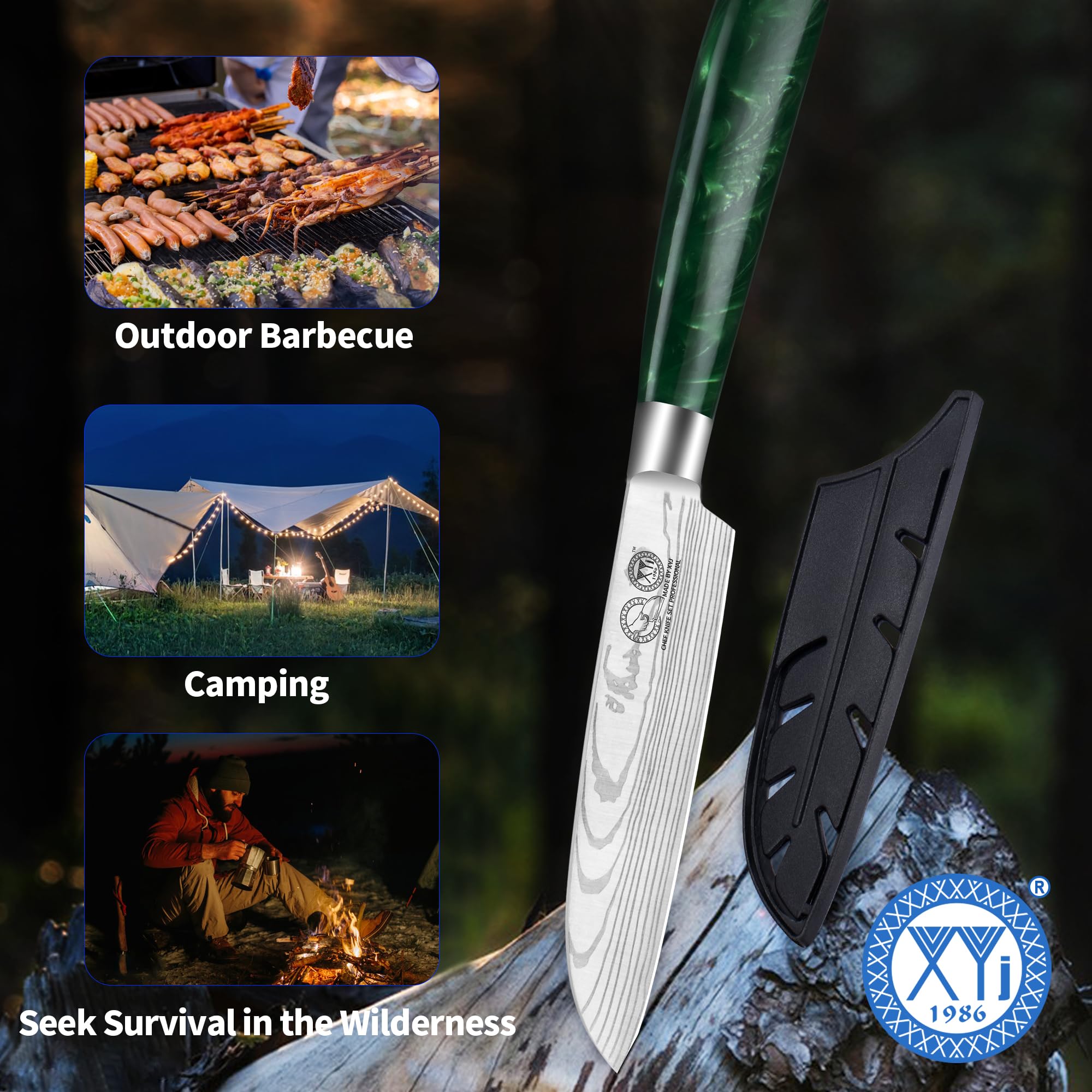 XYJ Autentico dal 1986, coltello multifunzione da cucina, coltello da 5 pollici in acciaio inossidabile con fodera, lama affilata modello Laser Damascus, manico in Pakkawood, posate da cucina