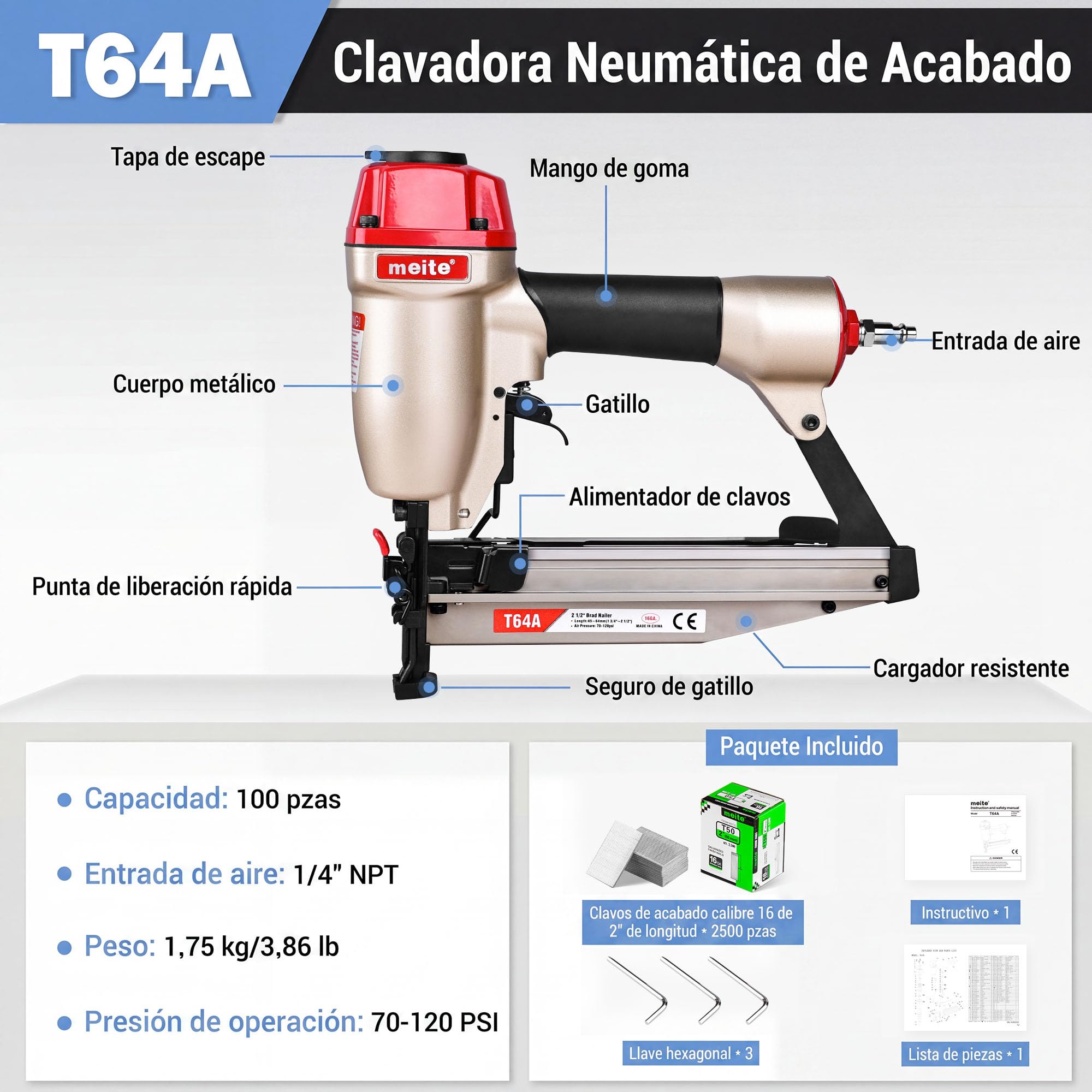 meite Clavadora de Acabado Neumática Calibre 16, Pistola de Clavos Rectos con Liberación Rápida de Atascos para Rodapiés, Armarios y Molduras, Compatible con Clavos de 32 a 64 mm