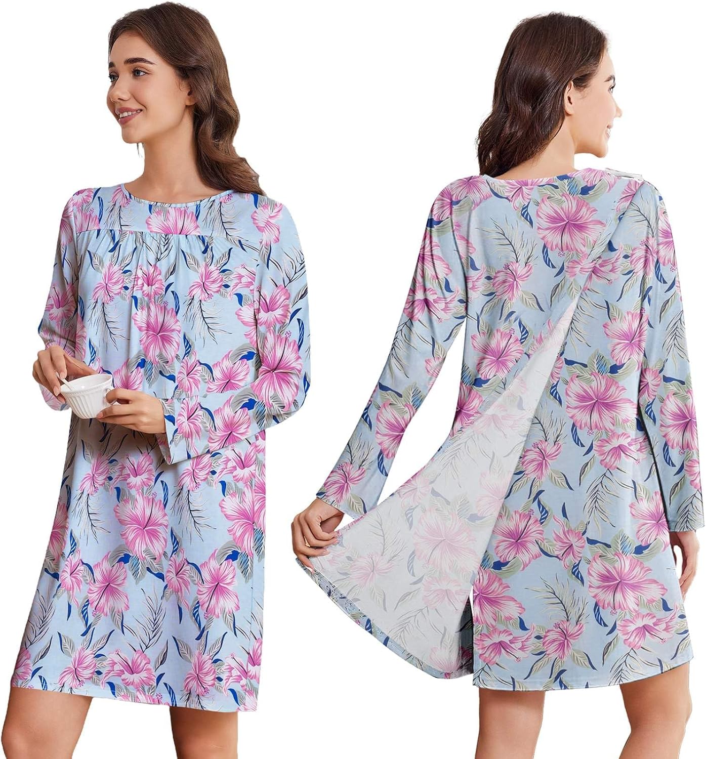 Deyeek Hospital Gowns for Women Open Back Dress Long Sleeve Post Surgery Tear Away Adaptive Nightgowns Dialysis Clothing