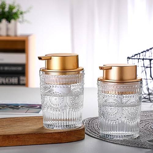 Miniatura 3 de Dispensador de jabón para platos de vidrio de 8 onzas, botella líquida transparente para manos con bomba de plástico dorado, dispensador de loción
