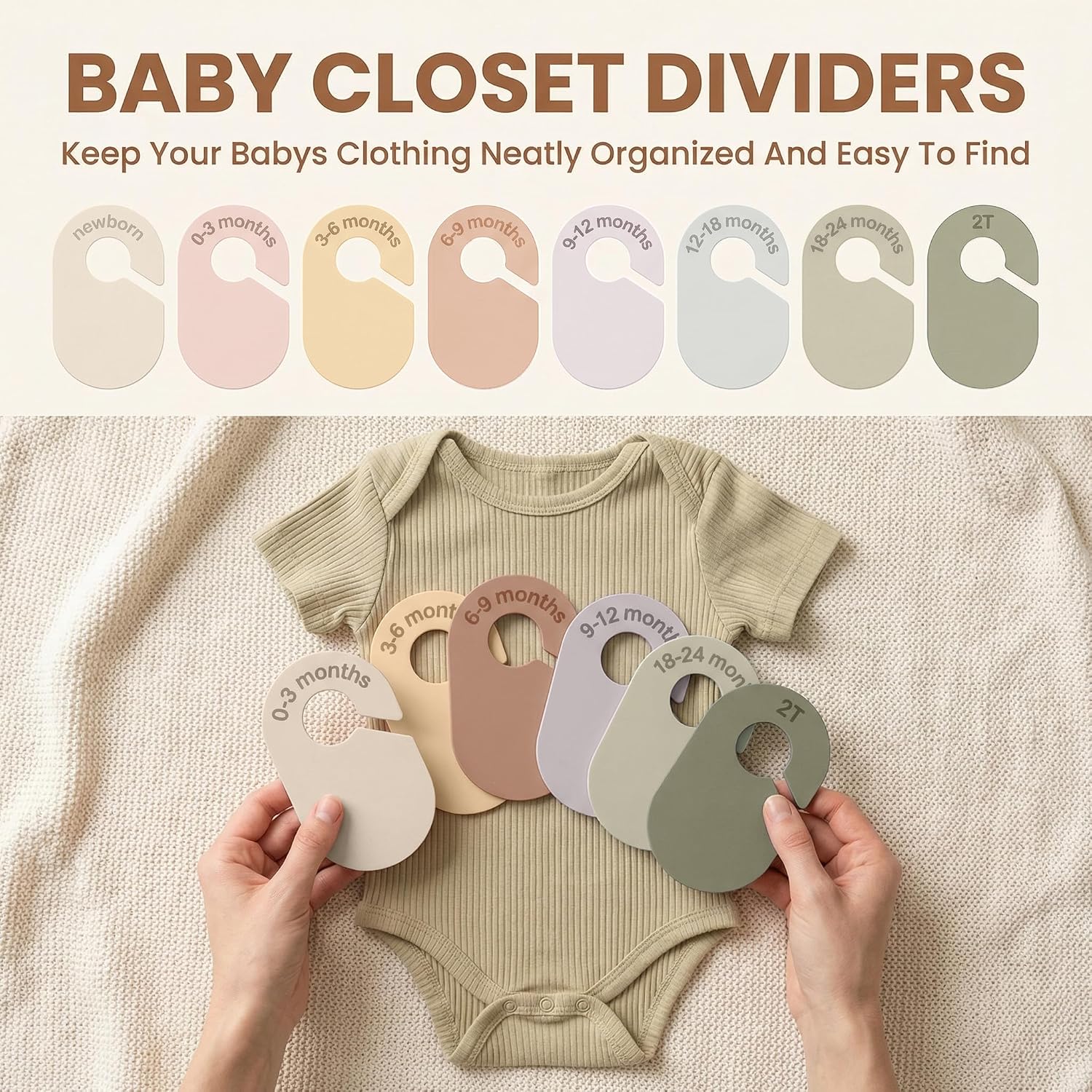 8 Pcs Baby Closet Dividers Nursery Clothes Organizer | Neutral Baby Clothes Organizer, Baby Nursery Decor Clothes Size Hanger Dividers, Clear Label for Easy Sorting, Fits Most Rods