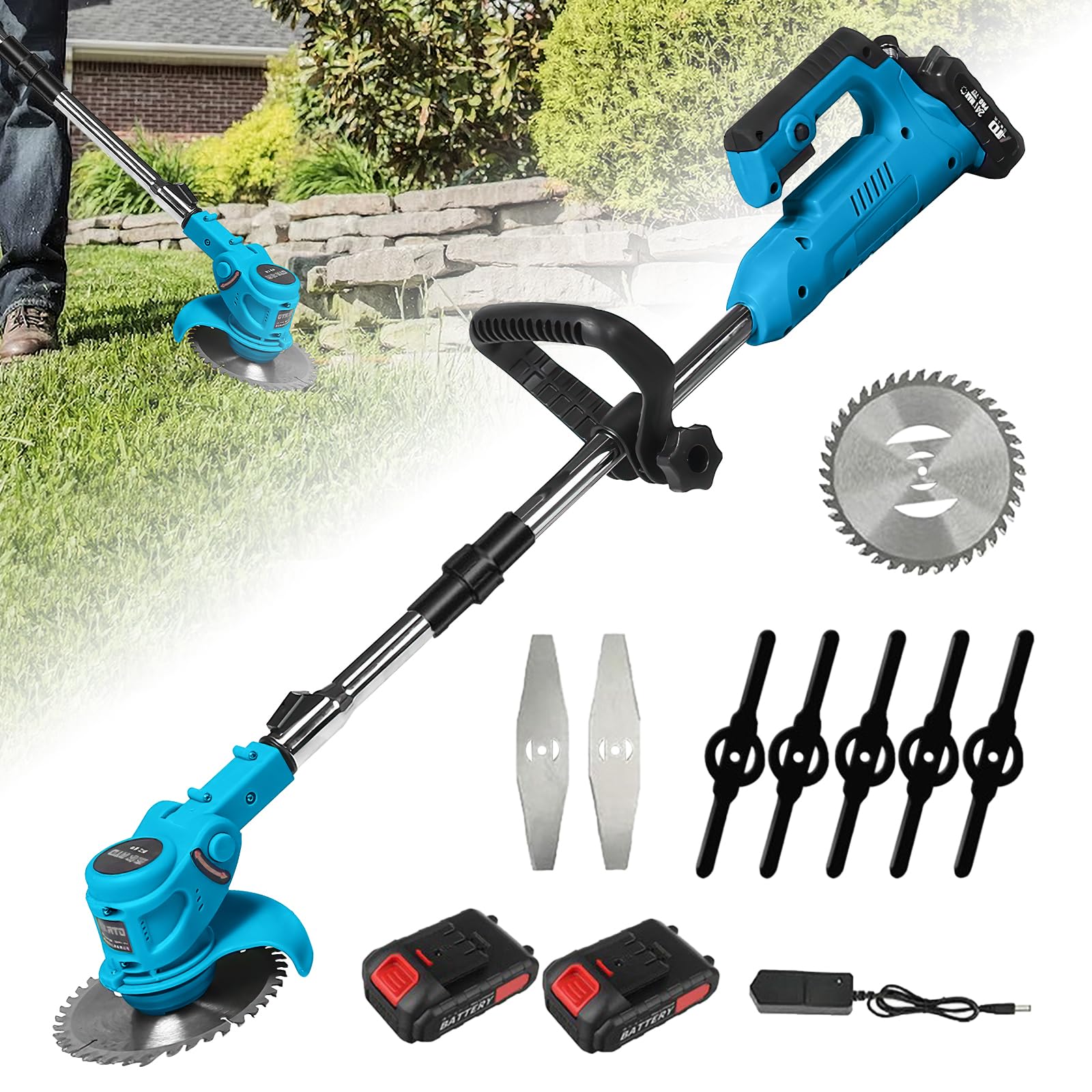 Tondeuse à gazon électrique 21V 800W 18000 tr/min manche télescopique 90-120 cm pliable 5 lames